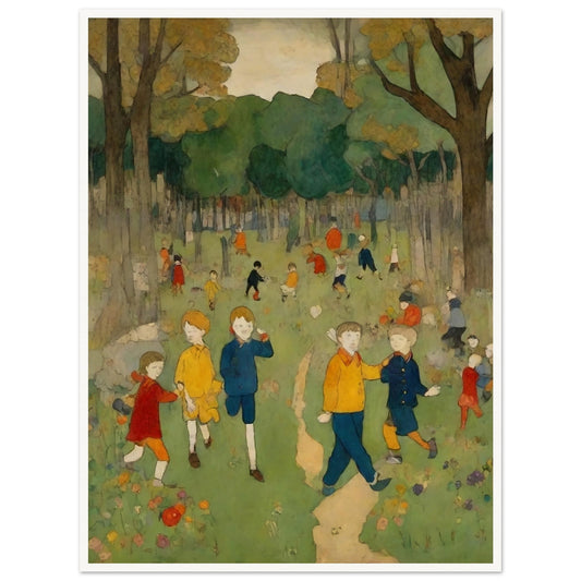 "A nostalgic painting of children playing and exploring in a bright green forest clearing, surrounded by tall trees and colorful wildflowers."