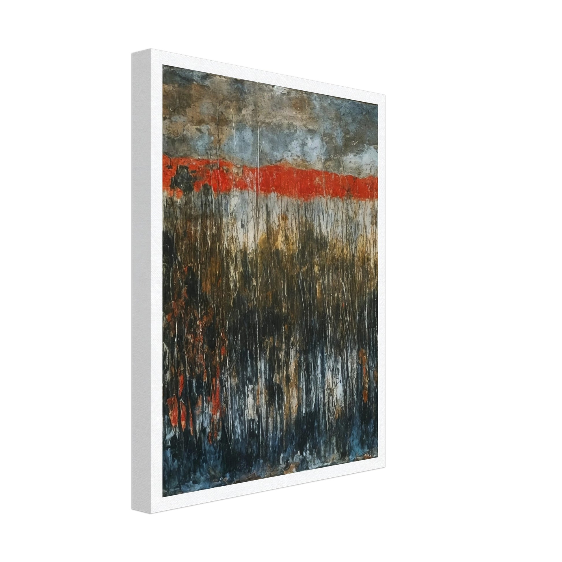 A captivating landscape with a vivid red horizon, contrasted by dark, misty foliage in the foreground, evoking a sense of mystery and drama.