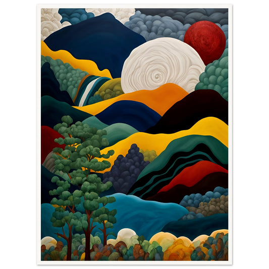 A vivid painting of layered mountains with rolling hills in deep blues, greens, yellows, and reds, set beneath a swirling white moon and a bold red sun. A lush green tree stands in the foreground, while a waterfall cascades down in the distance.