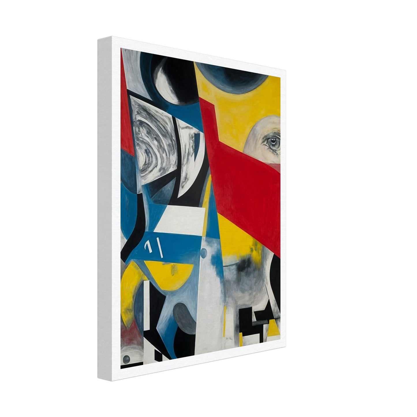 An abstract composition with bold geometric shapes in vibrant colors, including red, yellow, blue, and black. The image features an eye peeking through a red triangular shape, surrounded by swirling patterns and sharp angles, creating a sense of disjointed perception and complexity