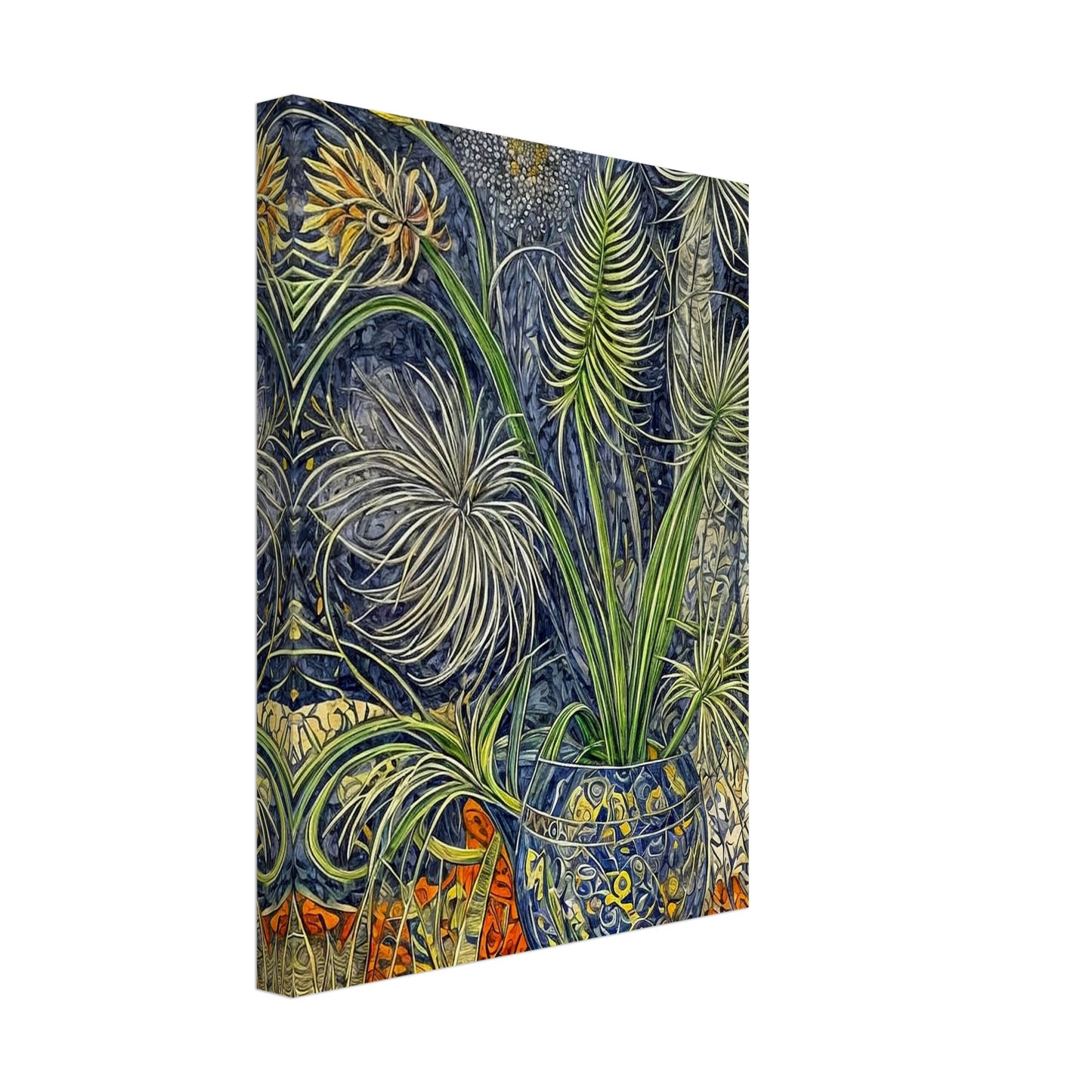 An intricate painting of lush green plants in a patterned blue vase, surrounded by detailed foliage and vibrant orange accents in the background.