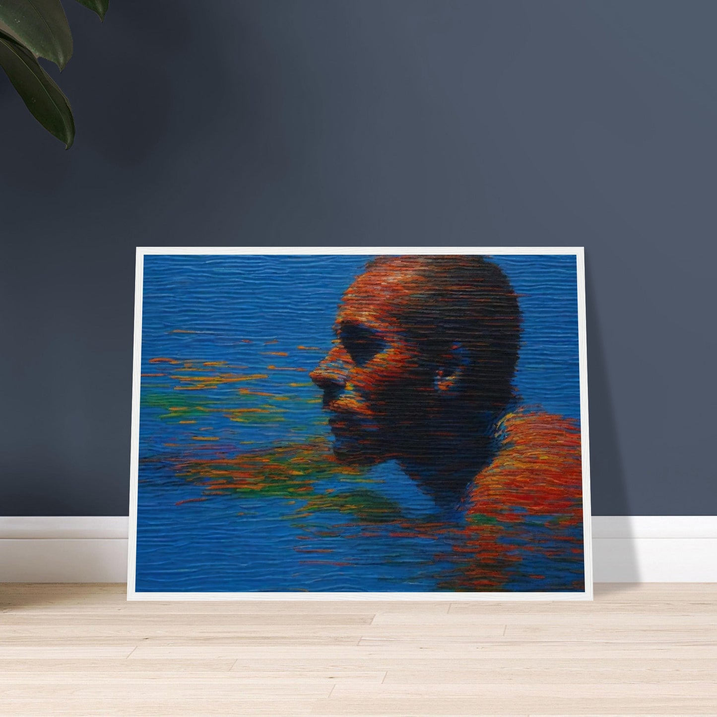 A striking painting of a person swimming in water, with vibrant reflections of colors on the surface, creating a sense of movement and depth.