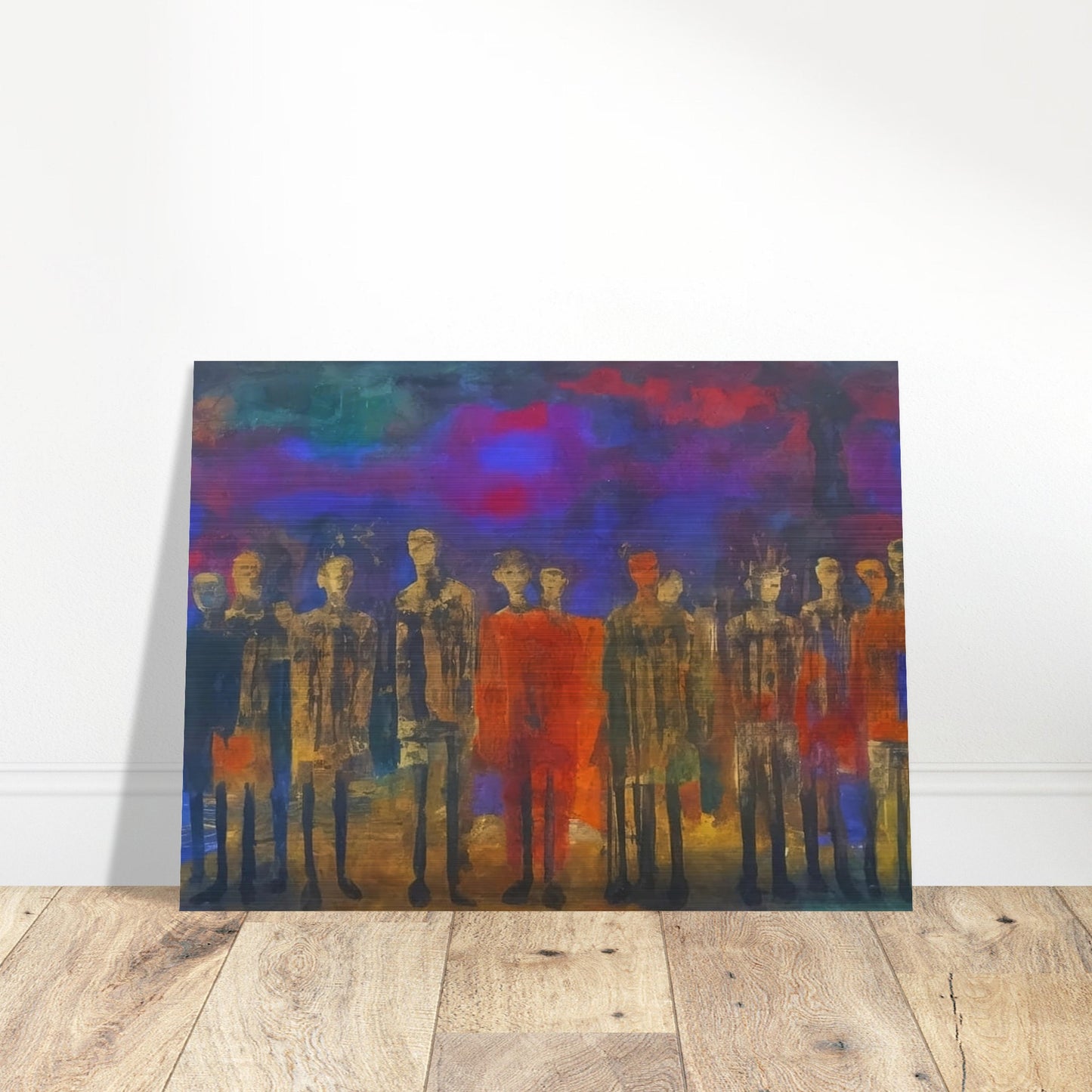 A mysterious gathering of figures in muted tones, set against a vibrant, multicolored backdrop that evokes a sense of silent contemplation.