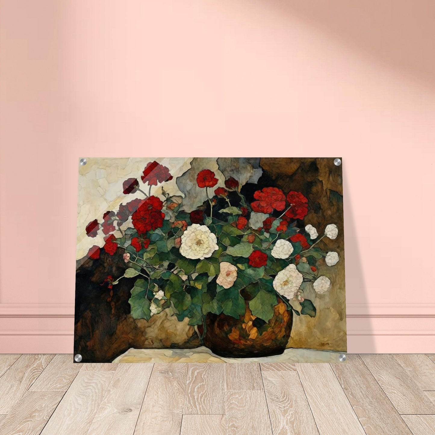 A detailed painting of a vase filled with red and white flowers, set against a textured background.