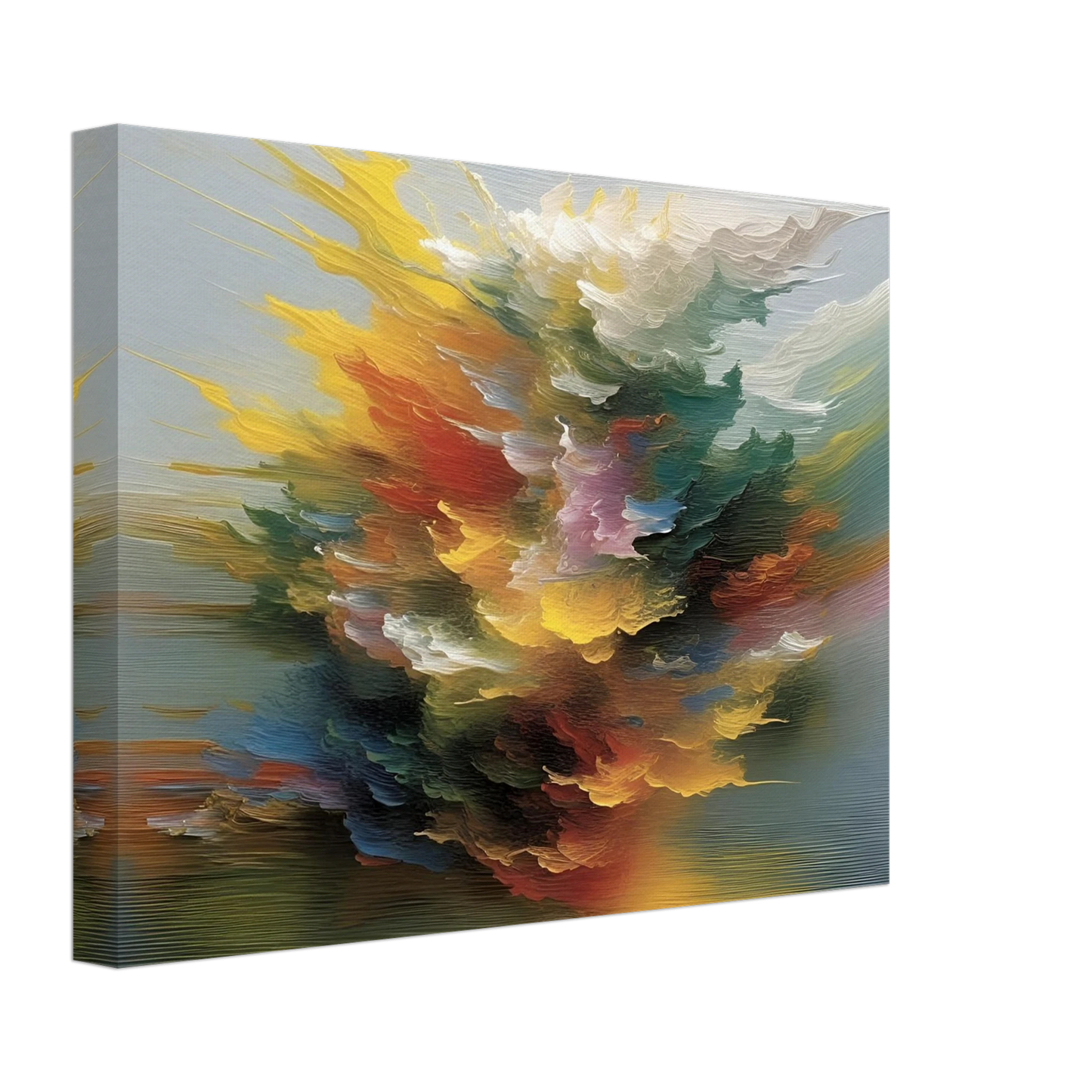 A swirling, radiant burst of multicolored abstract textures, resembling a cosmic explosion or floral cloud in motion.