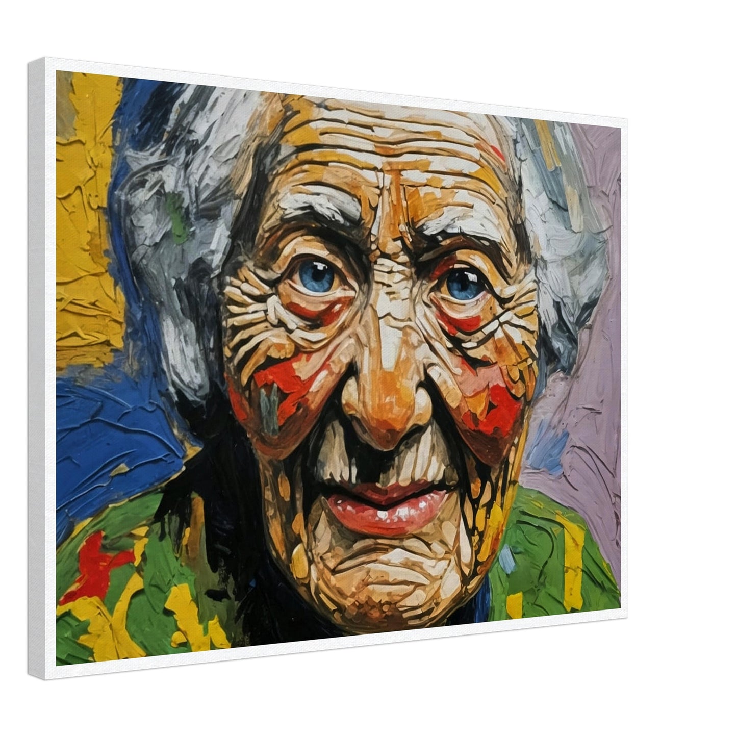 A vivid portrait of an elderly woman with expressive wrinkles and bright blue eyes, capturing the essence of a life well-lived through bold and textured brushstrokes.