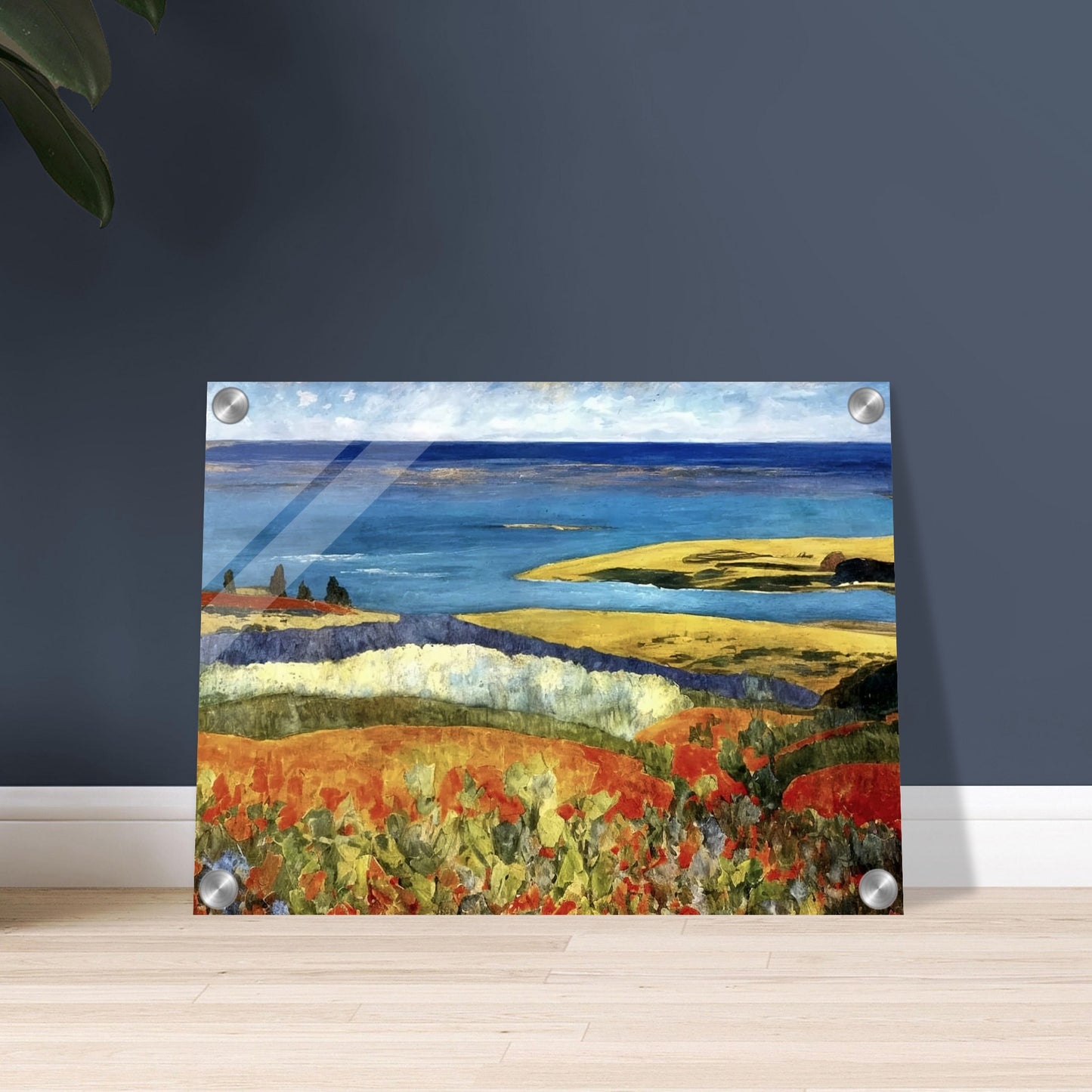A vivid coastal landscape featuring rolling hills of red and green leading to a calm blue sea. A bright sky hovers over the serene shoreline.