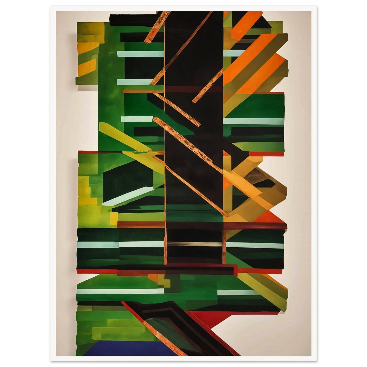 A dynamic and visually engaging abstract painting featuring a complex arrangement of geometric shapes and lines in green, black, orange, and yellow. Central focus on a large black vertical shape with intersecting diagonal and horizontal lines, creating depth and movement.