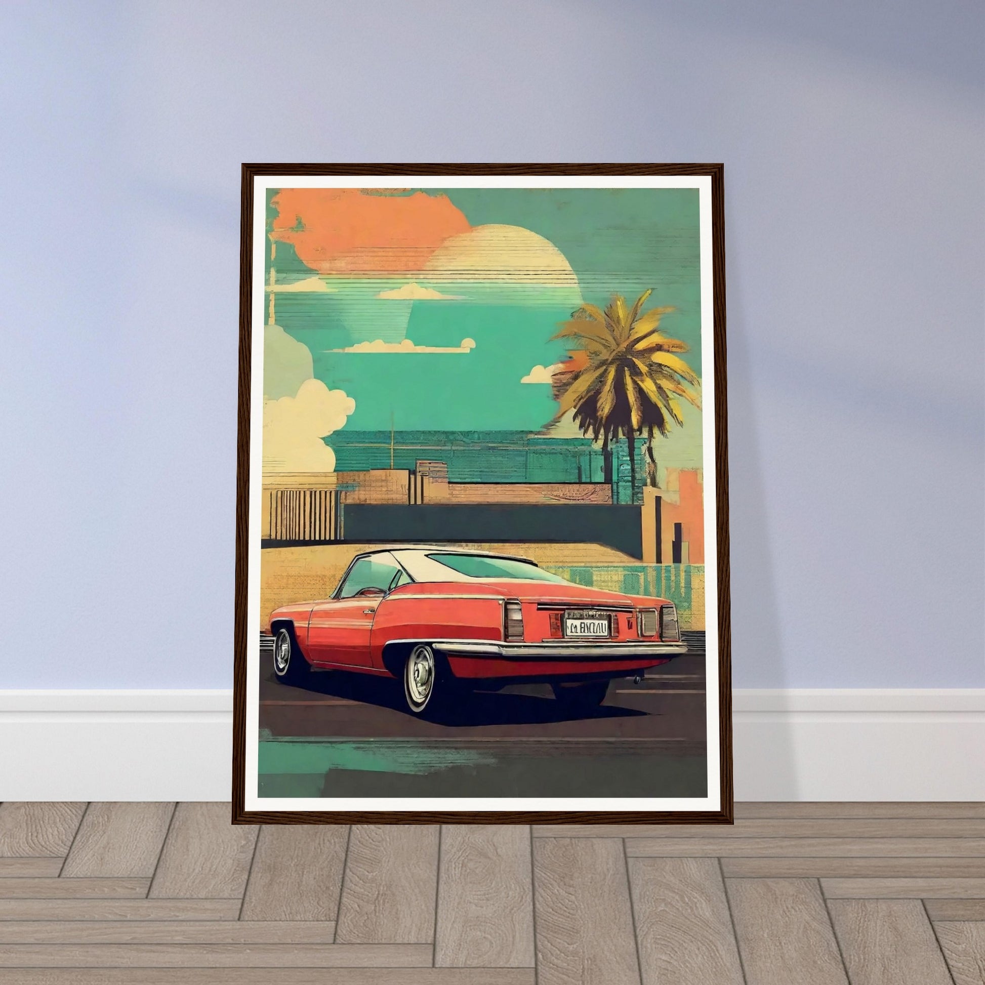 A vintage-style illustration of a red classic car parked near a palm tree with a sunset background.