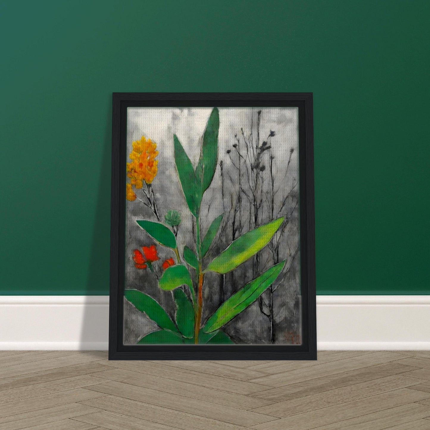 A striking contrast of lush green leaves and vibrant orange and yellow flowers against a monochrome background of withered branches.