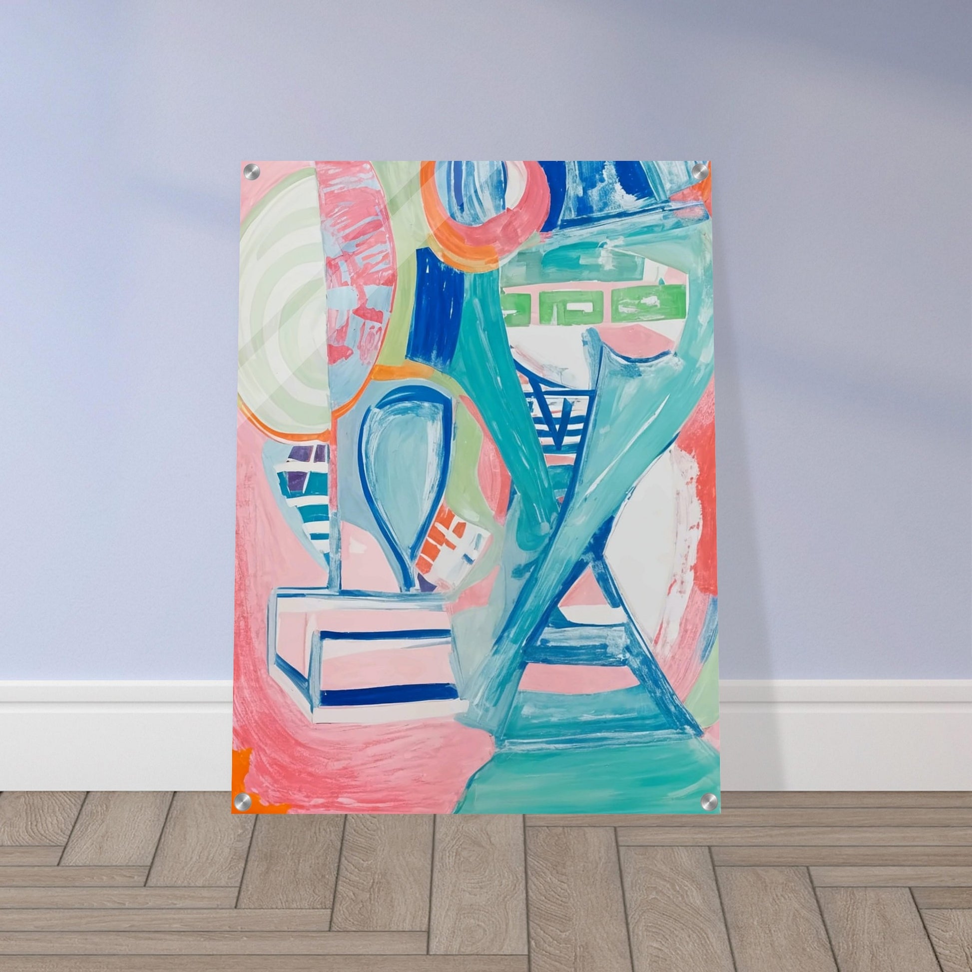 A dynamic interplay of pastel colors and geometric shapes creating a lively abstract composition full of energy and movement.