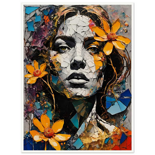 A striking portrait of a woman with a cracked, mosaic-like face adorned with vibrant yellow flowers, blending destruction with renewal.