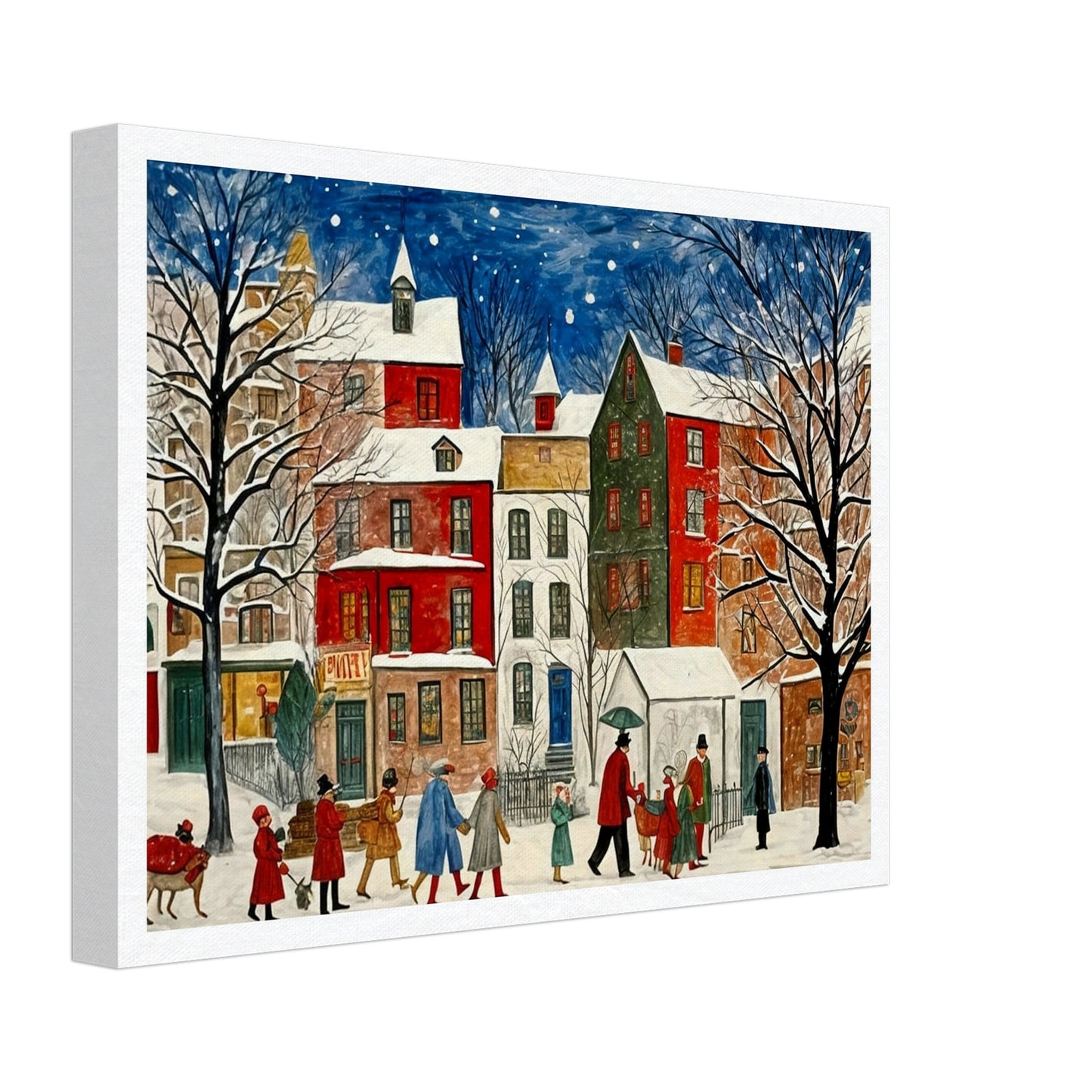 A charming cityscape with people walking down a snow-covered street, surrounded by colorful houses and trees under a starry night sky, capturing the holiday spirit.