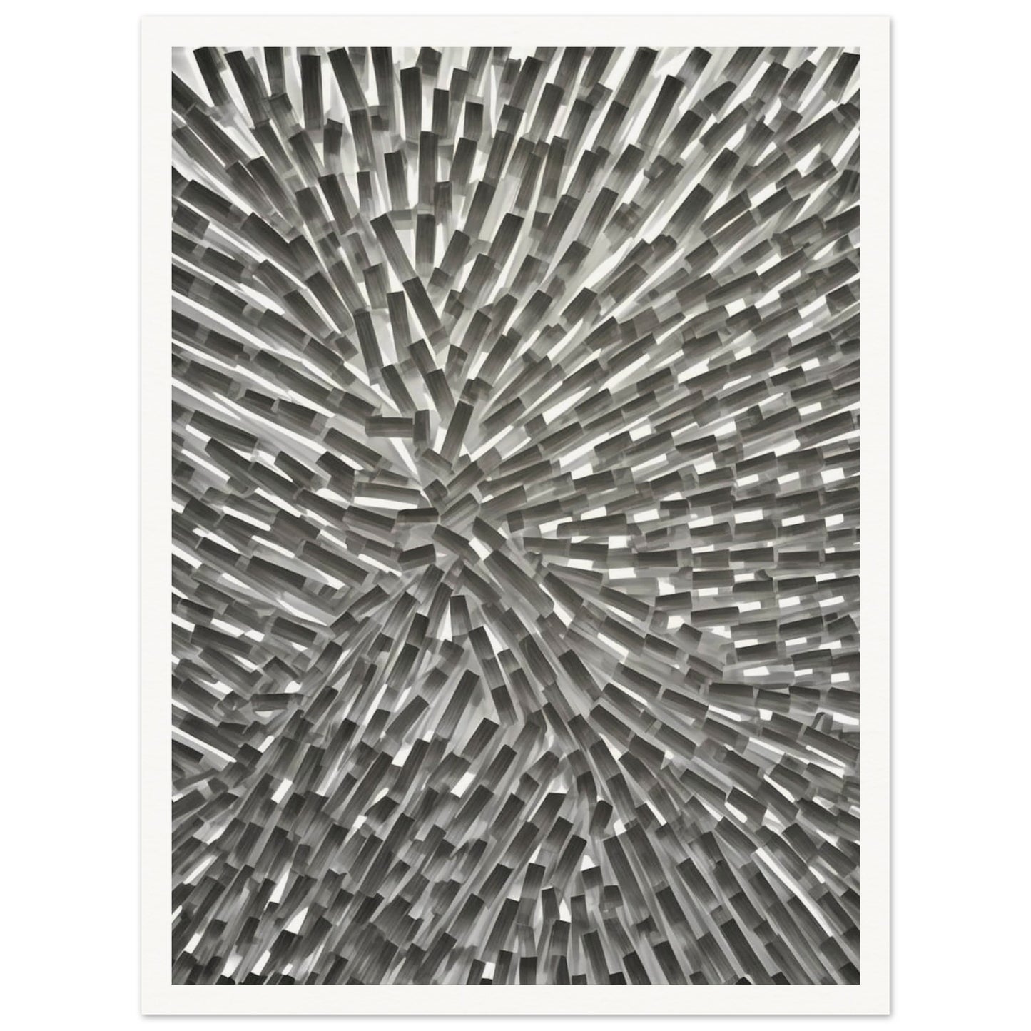 An abstract monochromatic artwork featuring a dynamic arrangement of geometric rectangular blocks radiating outward in a burst-like pattern.