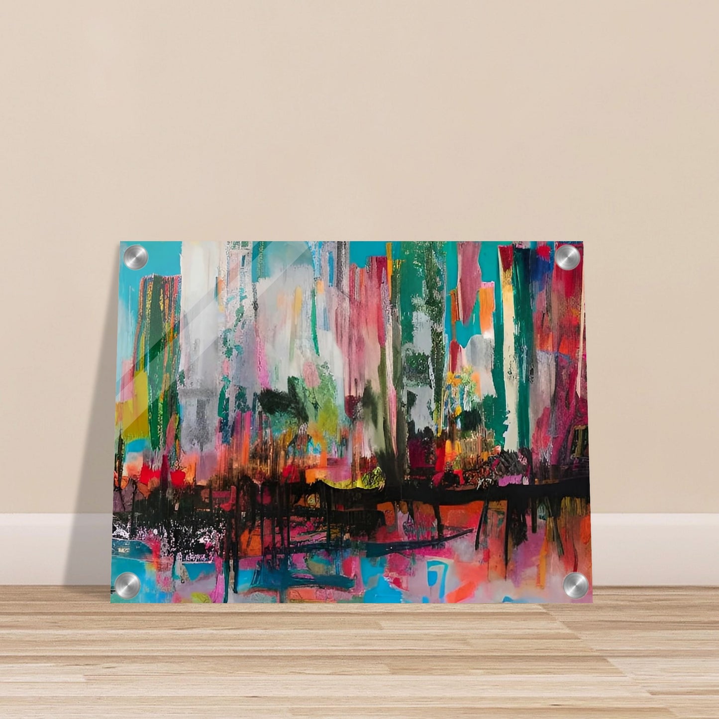 A vibrant cityscape with bold, abstract strokes of color, including teal, pink, red, and orange, creating a dynamic and energetic atmosphere.