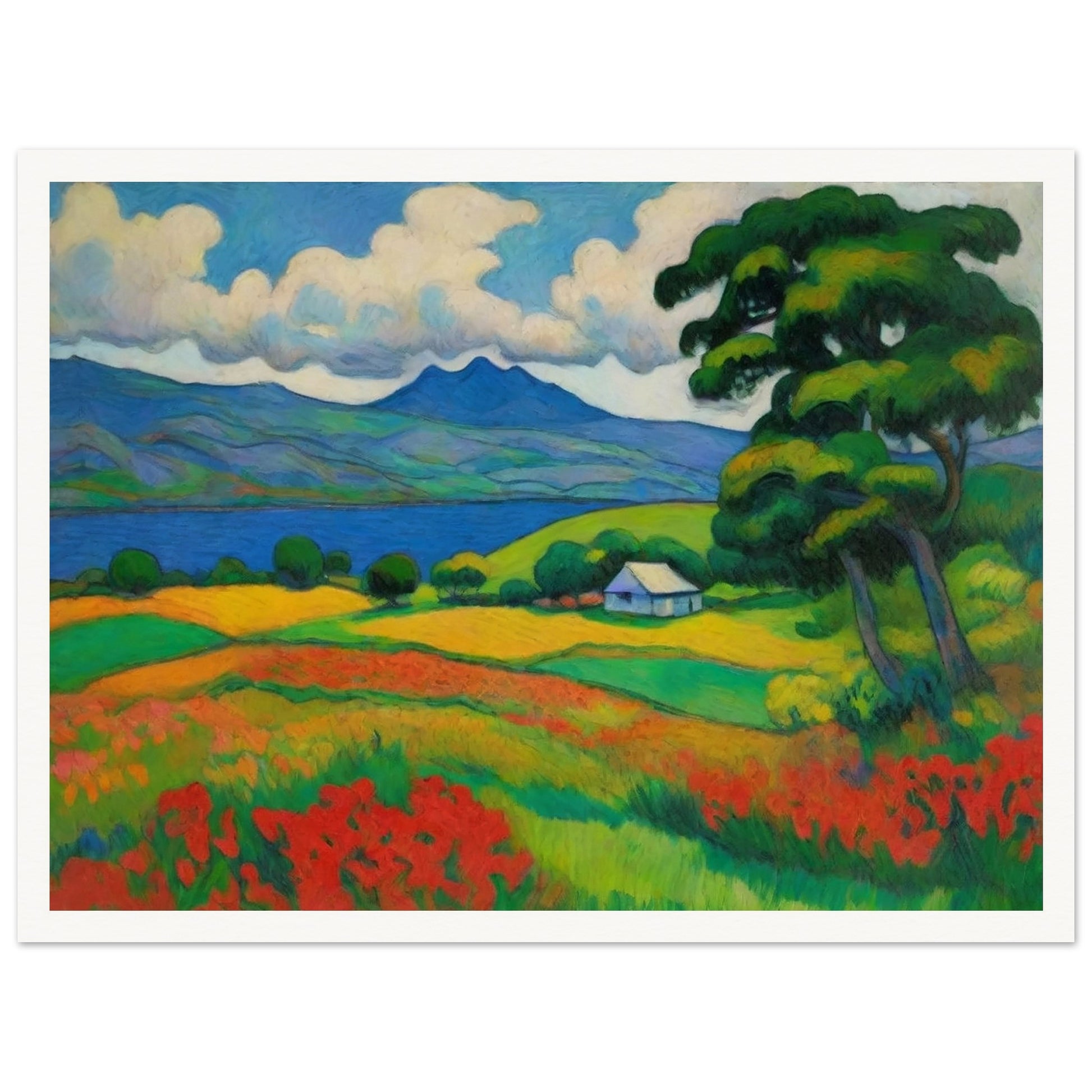 "A vibrant landscape painting featuring rolling hills, a calm lake, and colorful fields of red, yellow, and green, with a distant mountain."