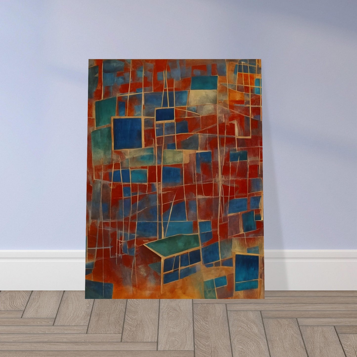 A vibrant composition featuring a network of interconnected blue and red rectangles, creating a dynamic and fragmented visual experience.