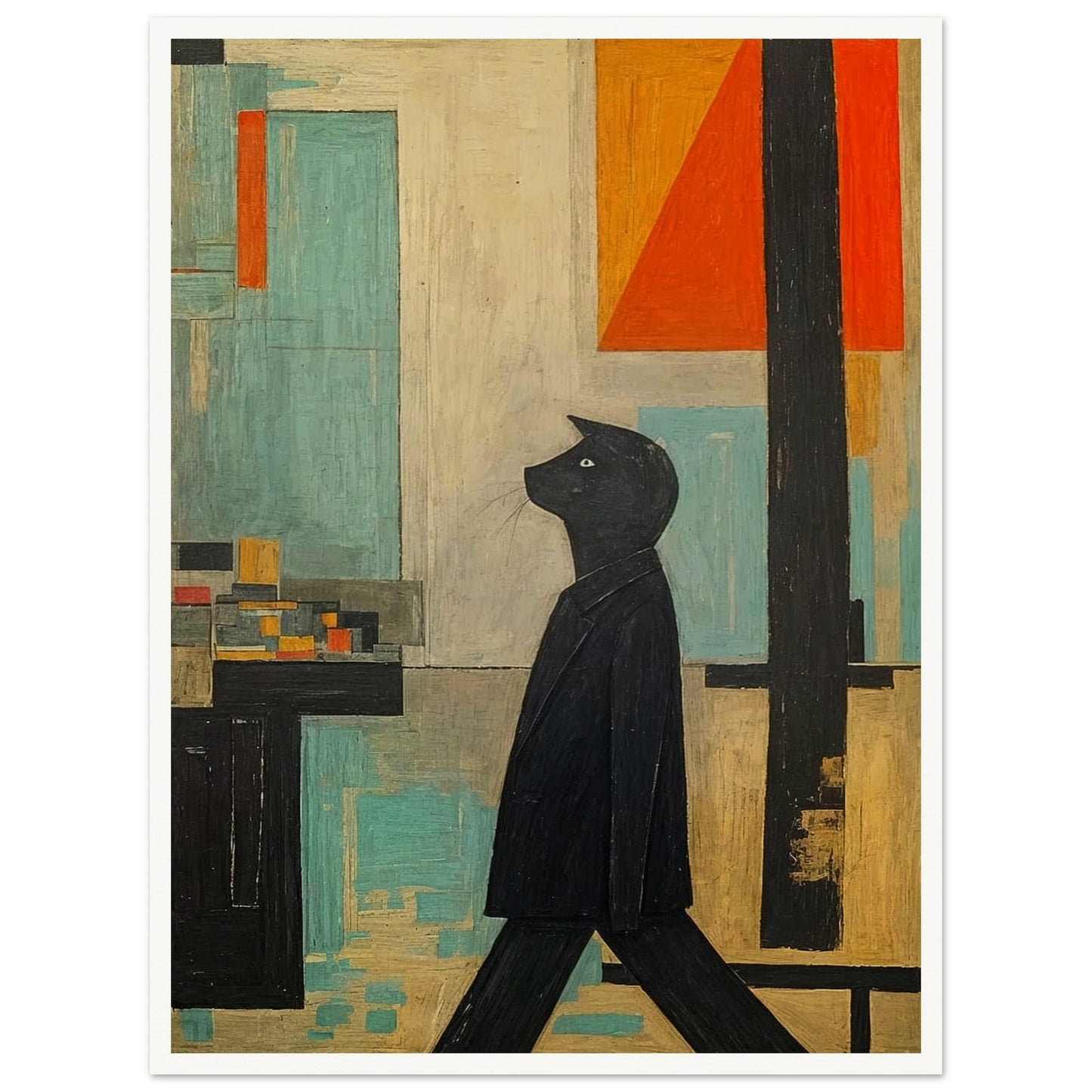 A stylized painting of a black cat walking upright, set against a geometric backdrop with muted tones of blue, orange, and beige.
