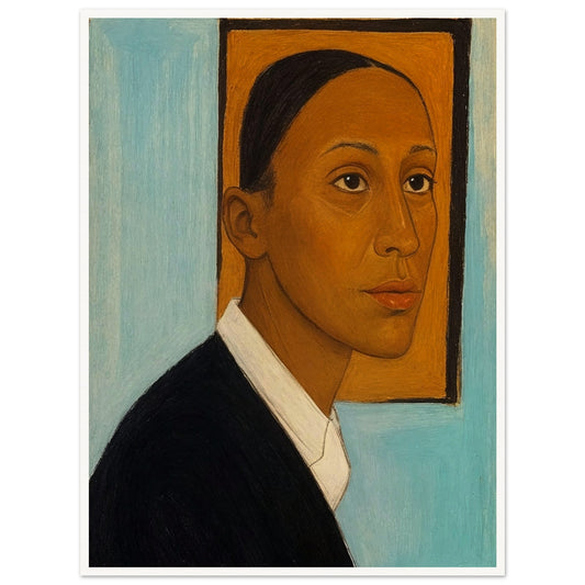 Stylized painting of a person in profile wearing a black jacket and white shirt against a light blue background with an orange frame behind the head.