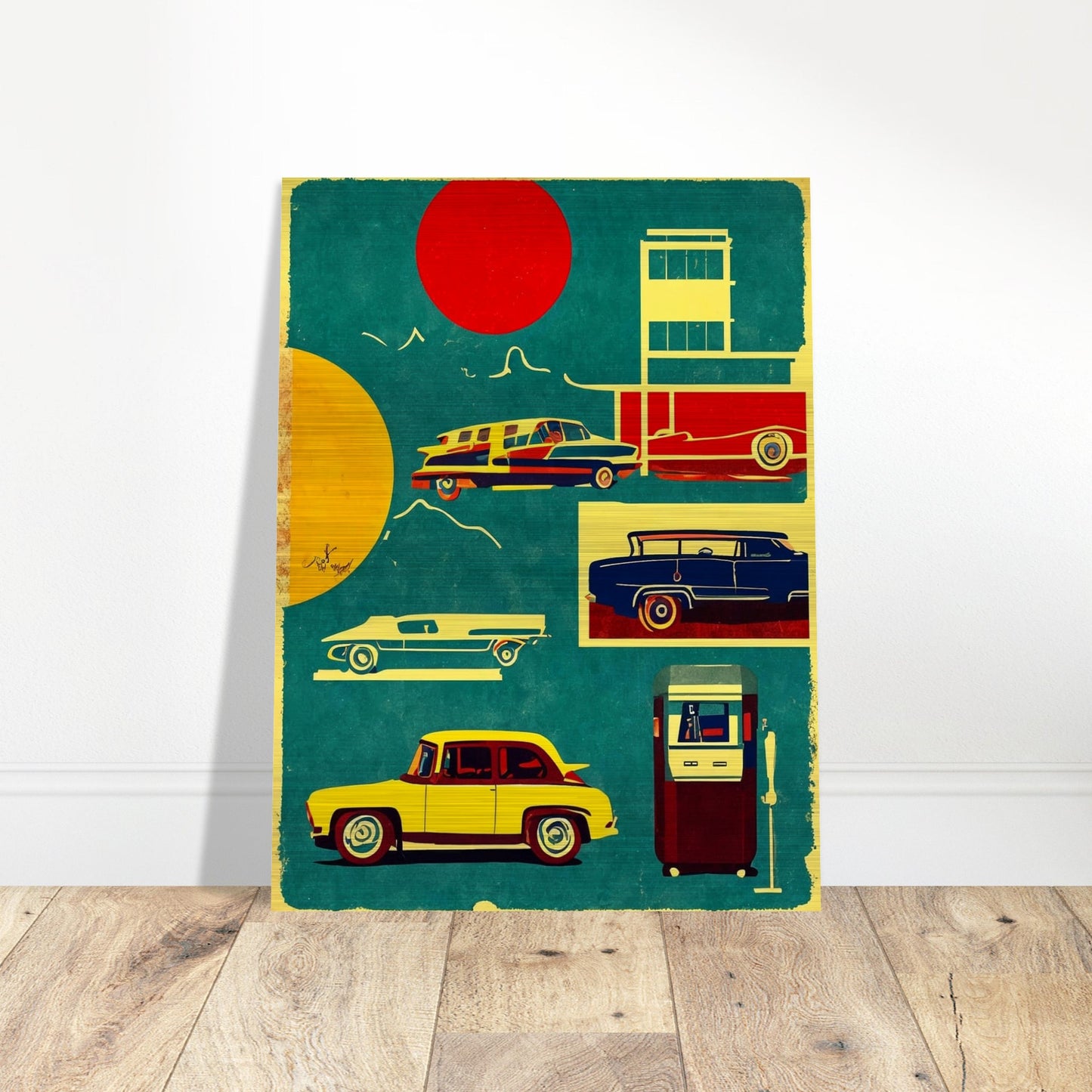 A vibrant artwork featuring classic vintage cars and a retro gas pump in bold colors, set against a backdrop of red and yellow suns.