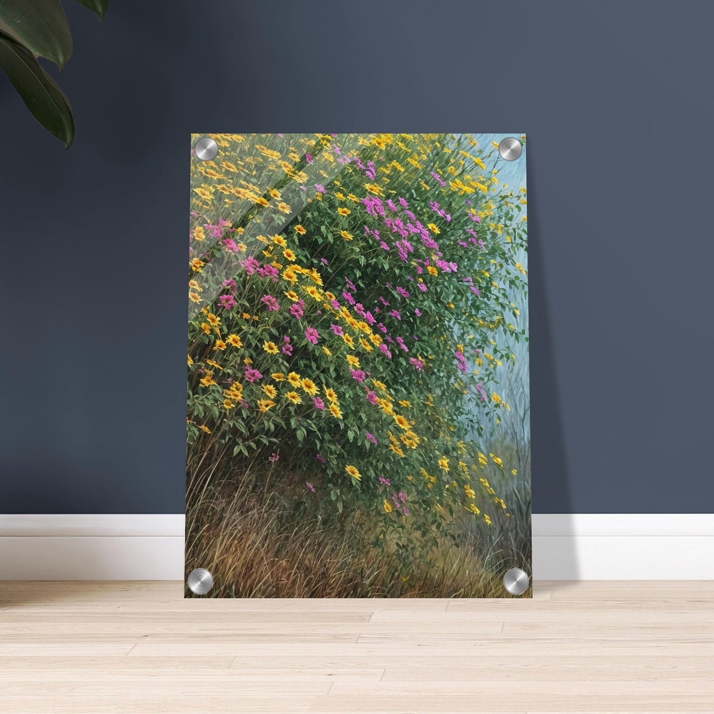 A vibrant painting of yellow and pink wildflowers cascading over a hillside with lush green foliage and tall grass.