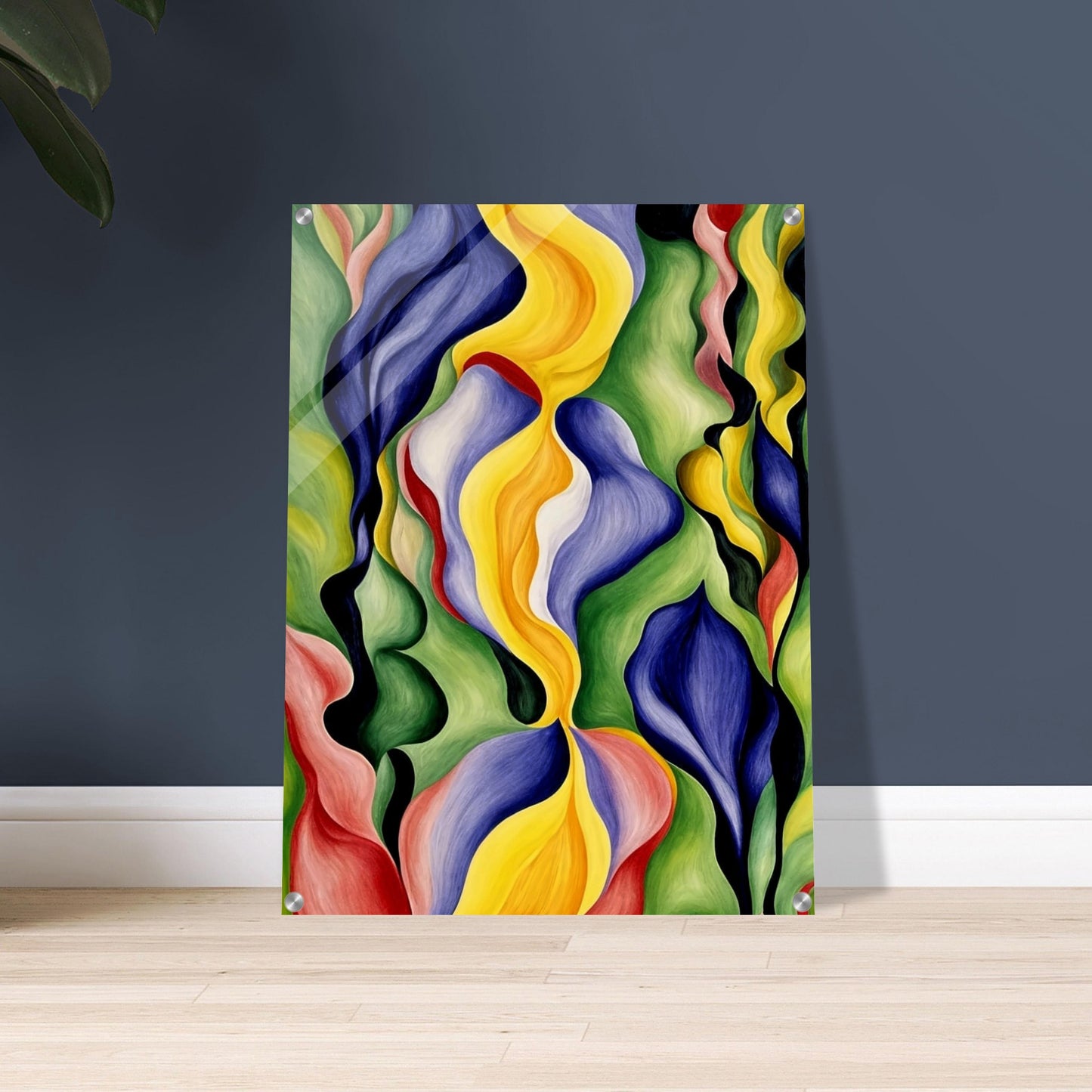 An abstract painting with vibrant, flowing shapes in hues of yellow, blue, green, and red, creating a dynamic and lively composition.