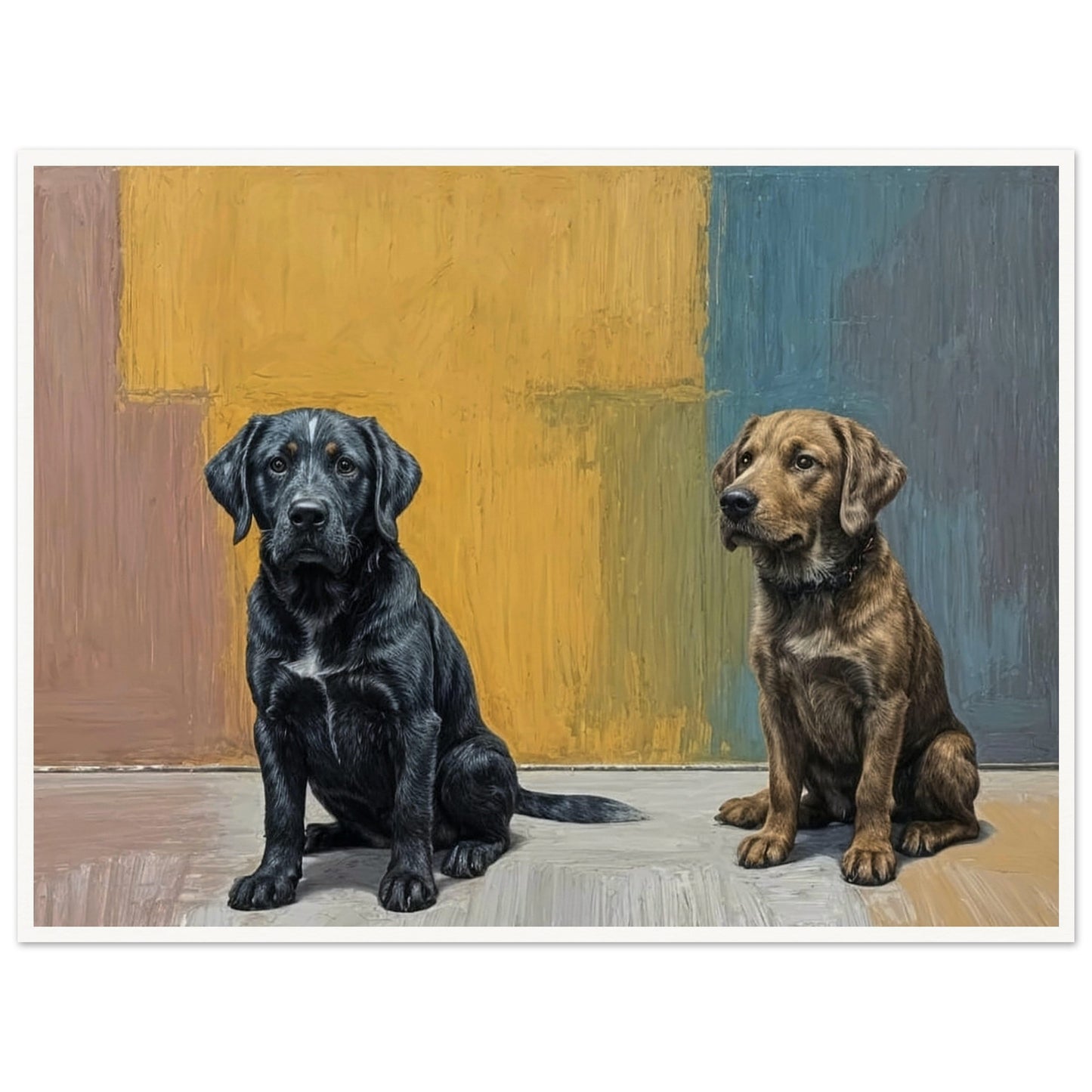 A realistic painting of two dogs sitting side by side against a colorful background, showcasing a black and a brown dog.
