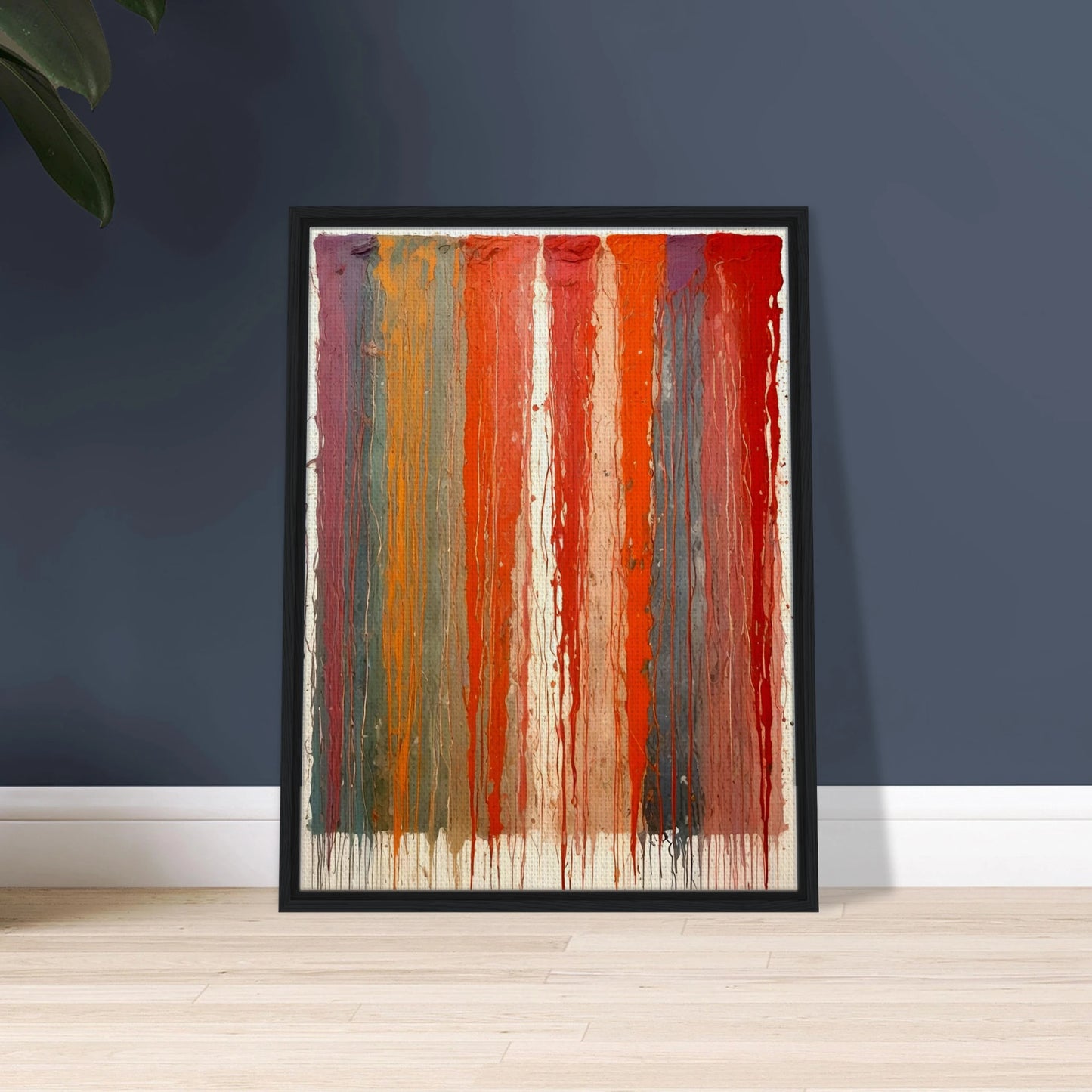 Vertical ribbons of vibrant paint drip down the canvas in layered red, orange, blue, and purple tones against a pale backdrop.
