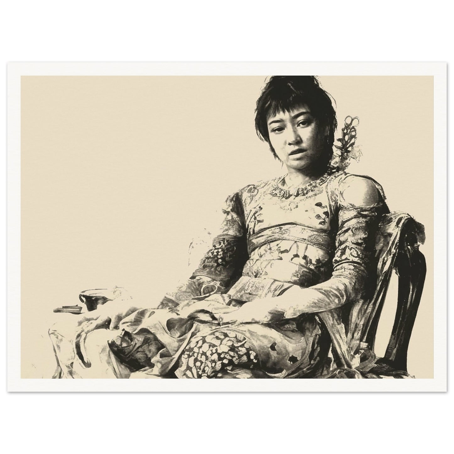 A vintage-style sepia portrait of a seated woman in ornate, intricate clothing, exuding calm grace and poise, captured with a soft, timeless aesthetic.