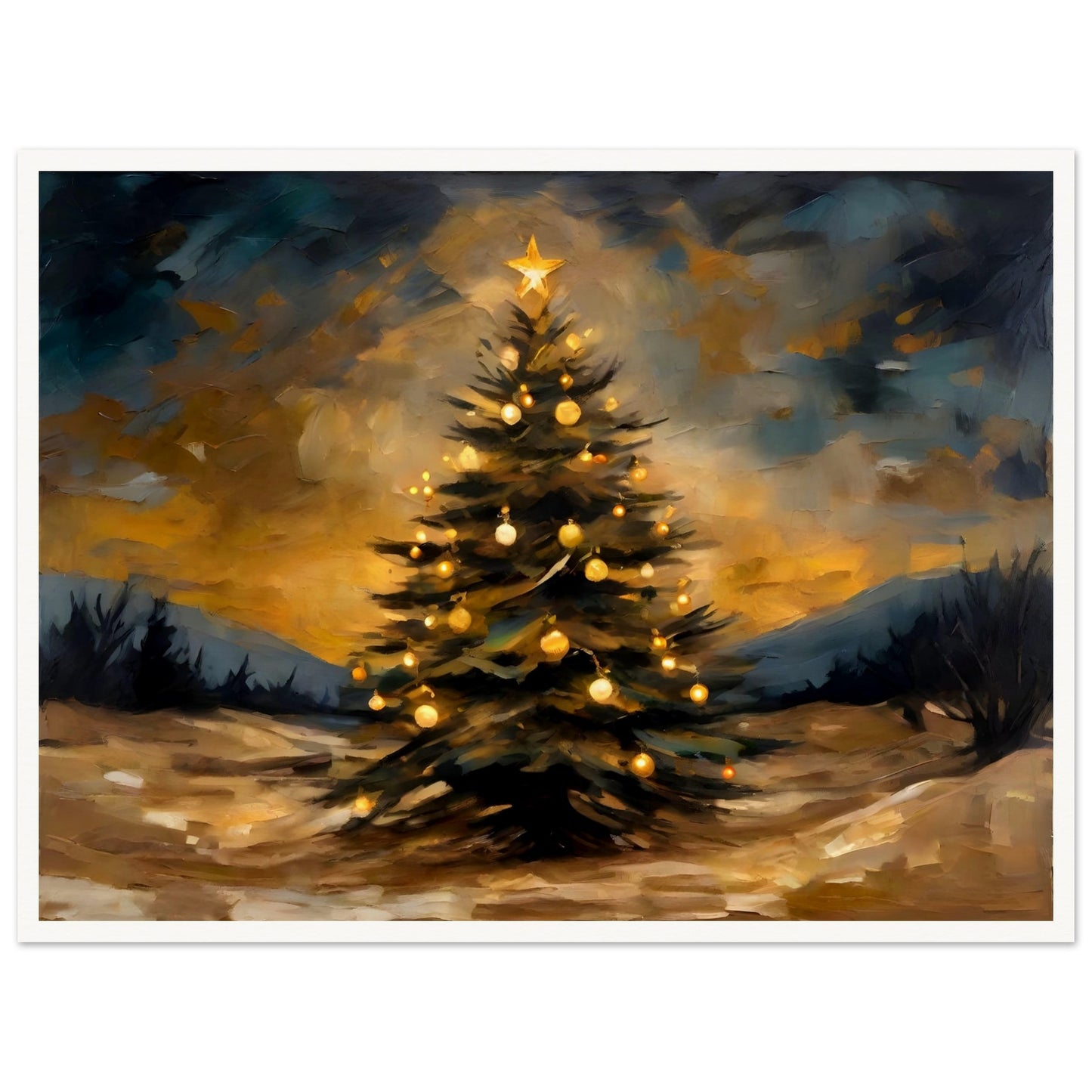 A glowing Christmas tree adorned with golden ornaments and a star topper, set against a dramatic evening sky and a snowy landscape.