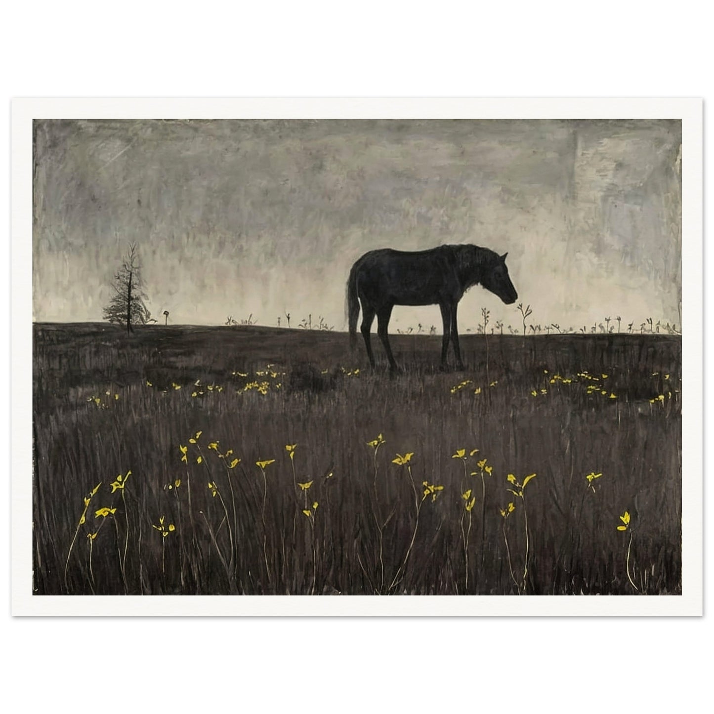 A lone horse in a quiet, almost eerie landscape, with a few scattered yellow flowers adding a touch of color to the scene.