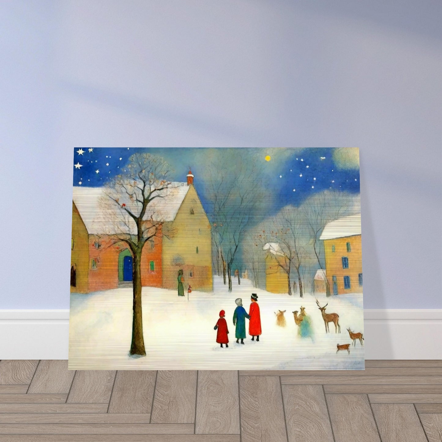 "A whimsical winter scene featuring families and deer in a snow-covered village under a starry sky, with warm-lit houses in the background."