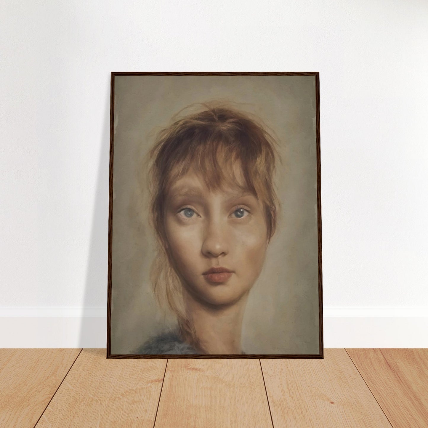 A realistic portrait of a young woman with soft features, pale blue eyes, and light brown hair, gazing forward with a serene expression in muted, natural tones.