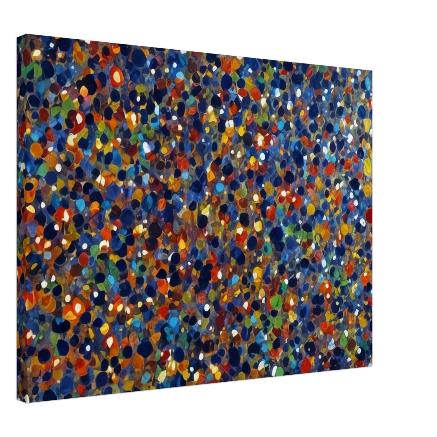 A dynamic display of colorful dots in various shades of blue, orange, green, and red, creating a vibrant and energetic pattern reminiscent of a starry sky or confetti.