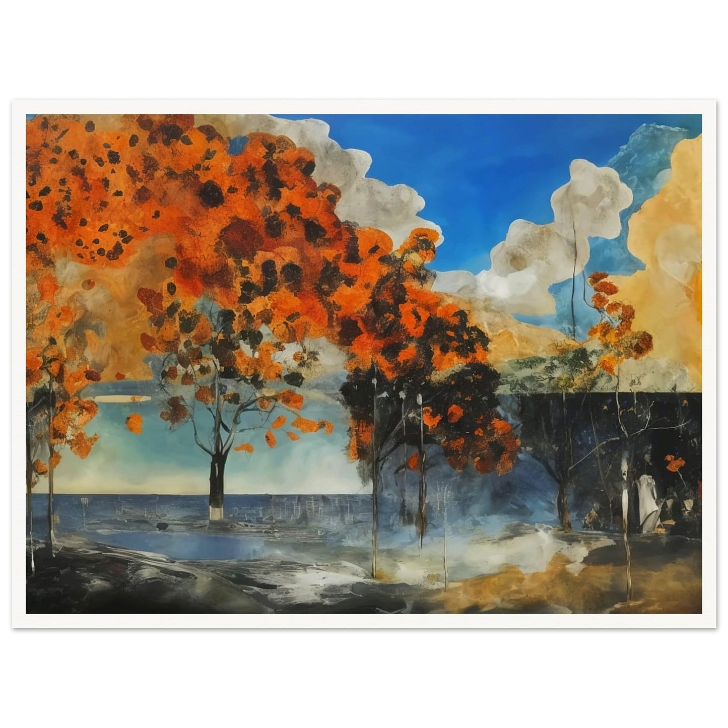 A captivating painting of autumn trees with vibrant orange foliage set against a bright blue sky and dark, shadowy foreground.