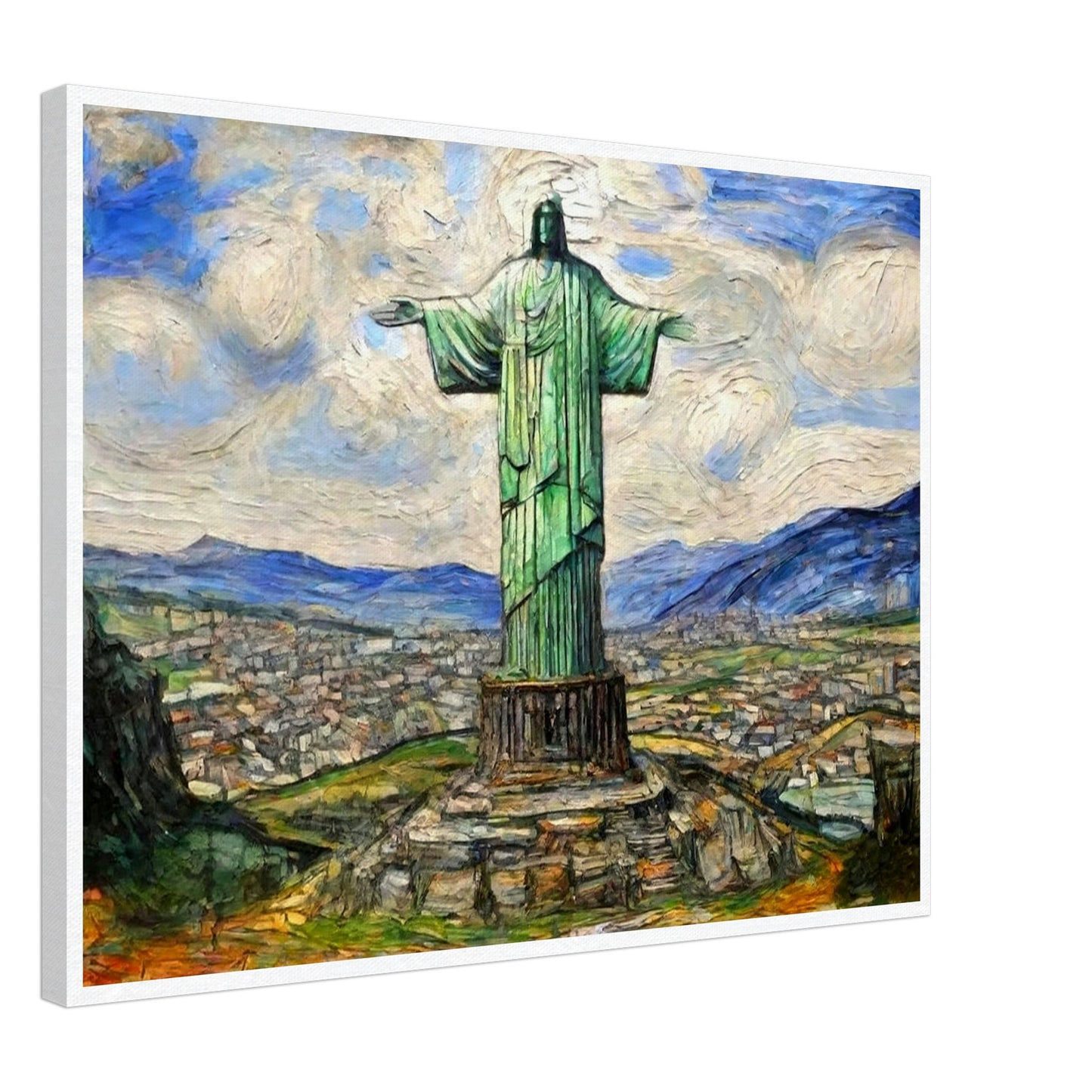 "A majestic painting of the Christ the Redeemer statue standing tall over the city of Rio de Janeiro, with vibrant skies and mountain ranges in the background."