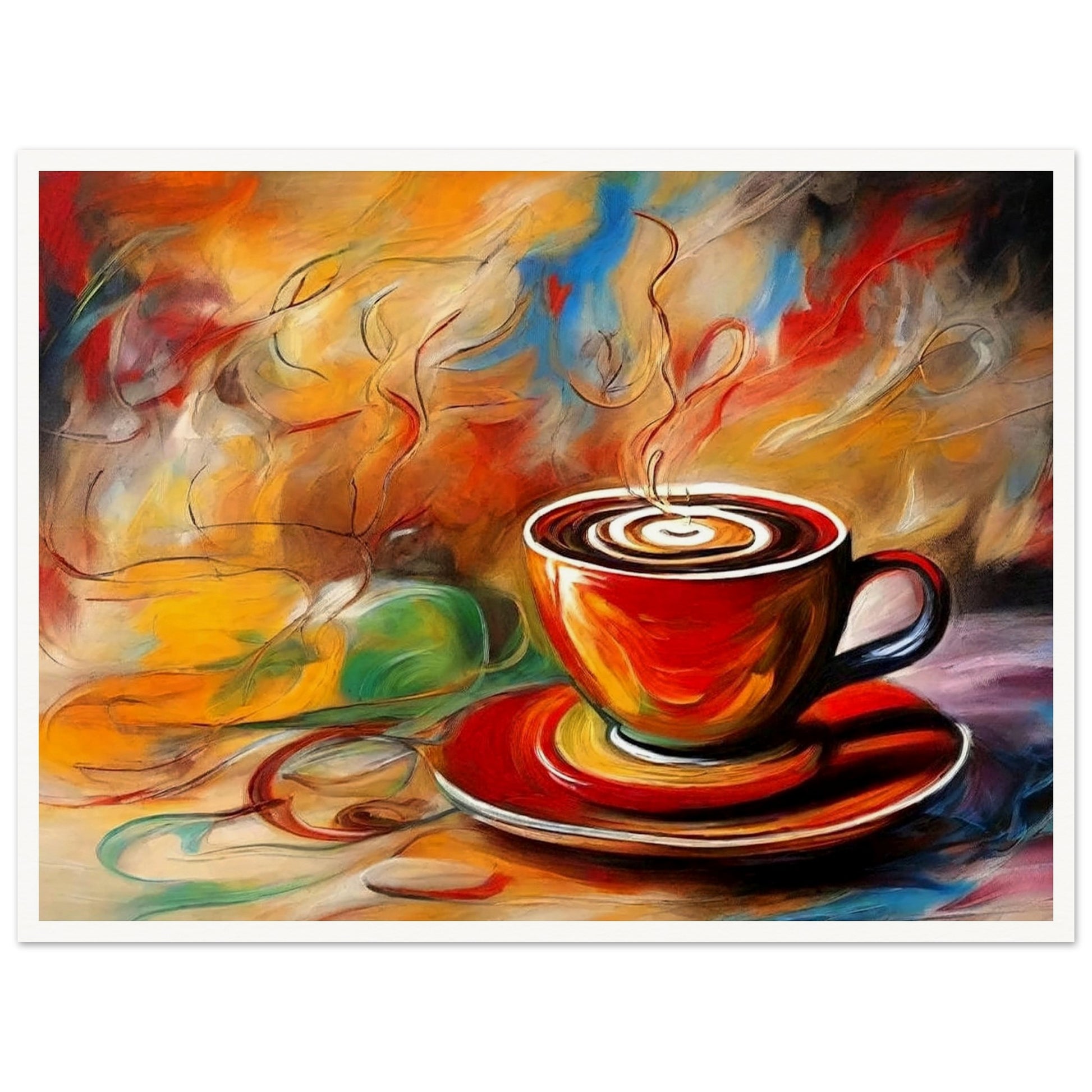 "An expressive painting of a steaming cup of coffee in a red cup with swirling colors of orange, yellow, and blue in the background."