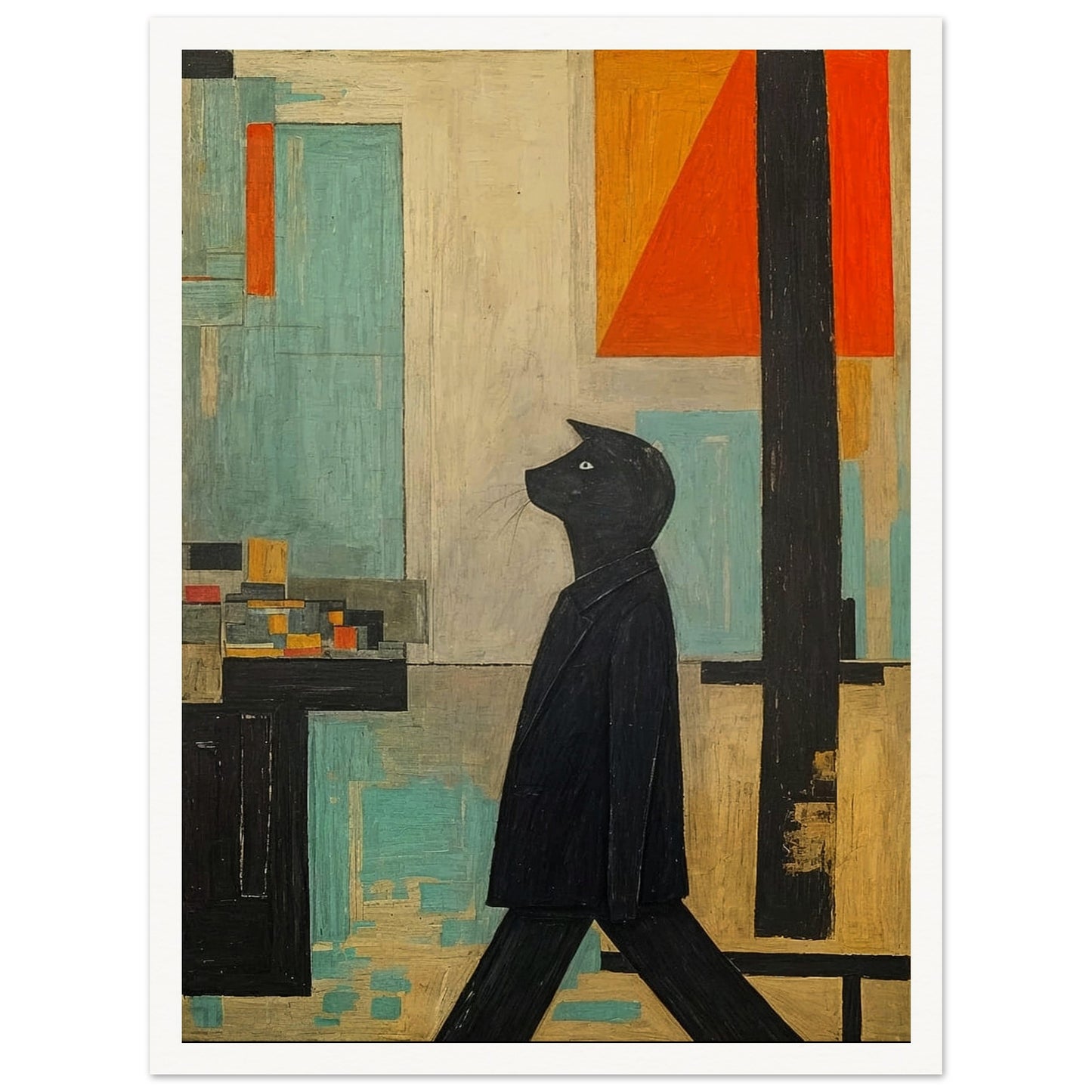 A stylized painting of a black cat walking upright, set against a geometric backdrop with muted tones of blue, orange, and beige.