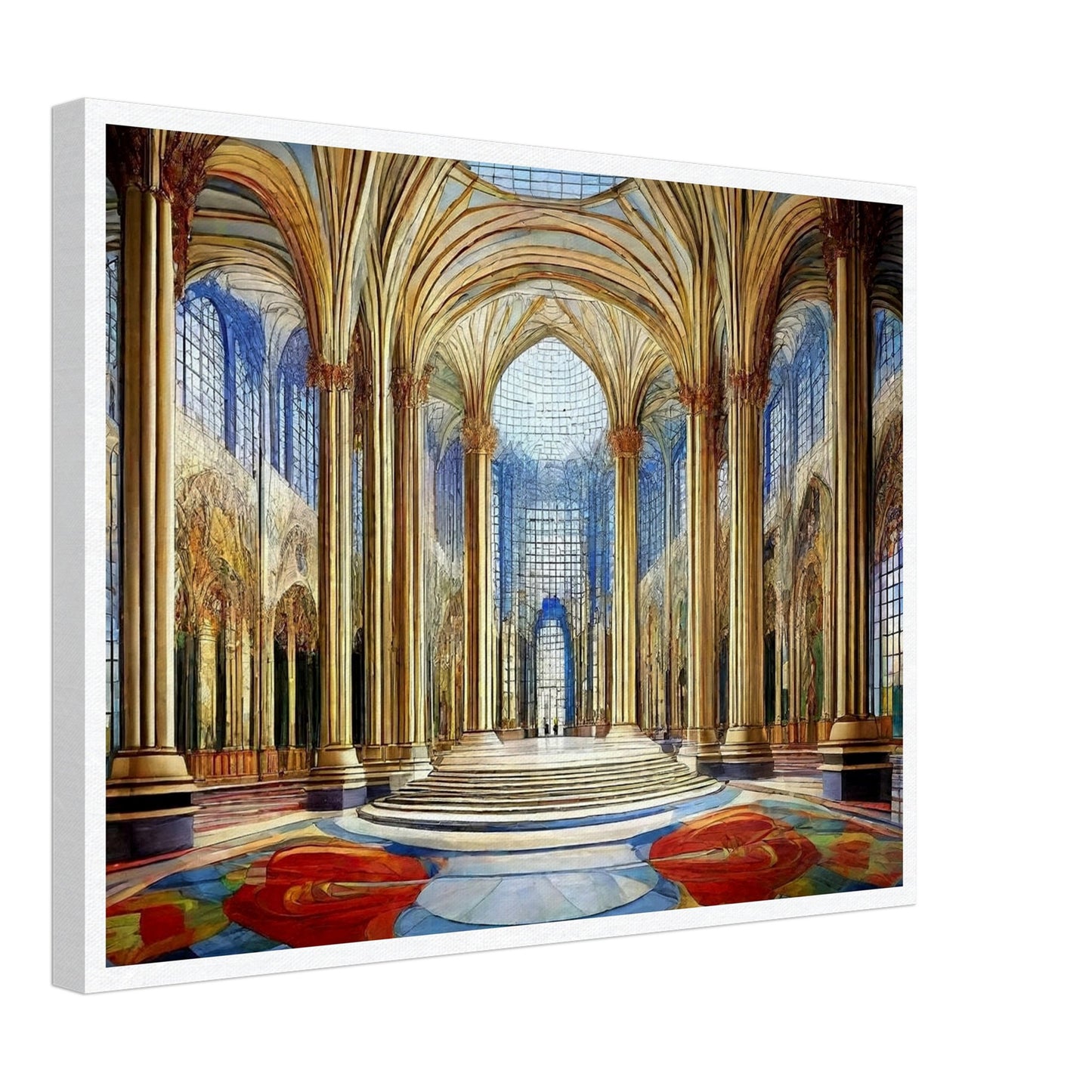 A grandiose hall with towering golden columns, intricate arched ceilings, and expansive windows that fill the space with light and color.