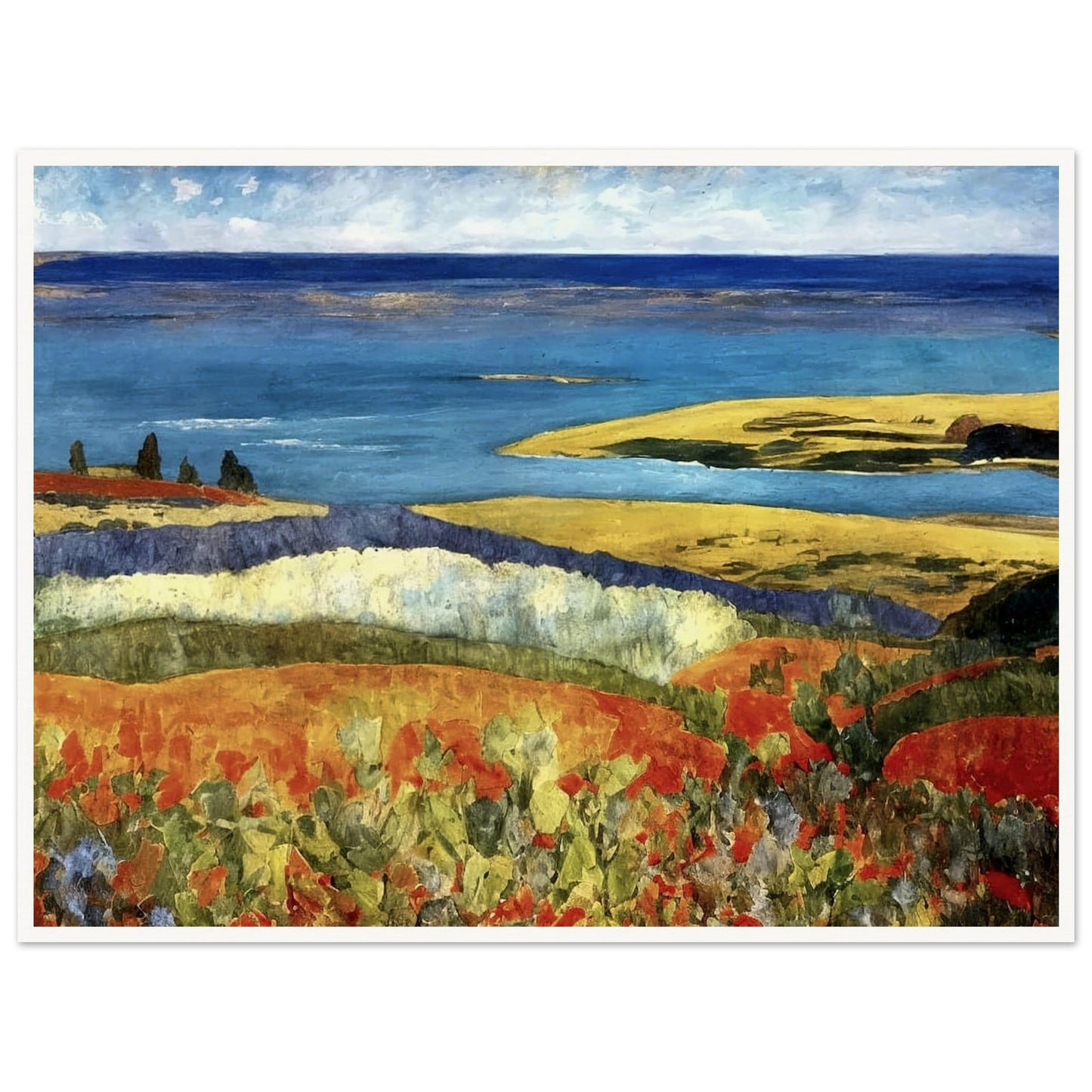 A vivid coastal landscape featuring rolling hills of red and green leading to a calm blue sea. A bright sky hovers over the serene shoreline.