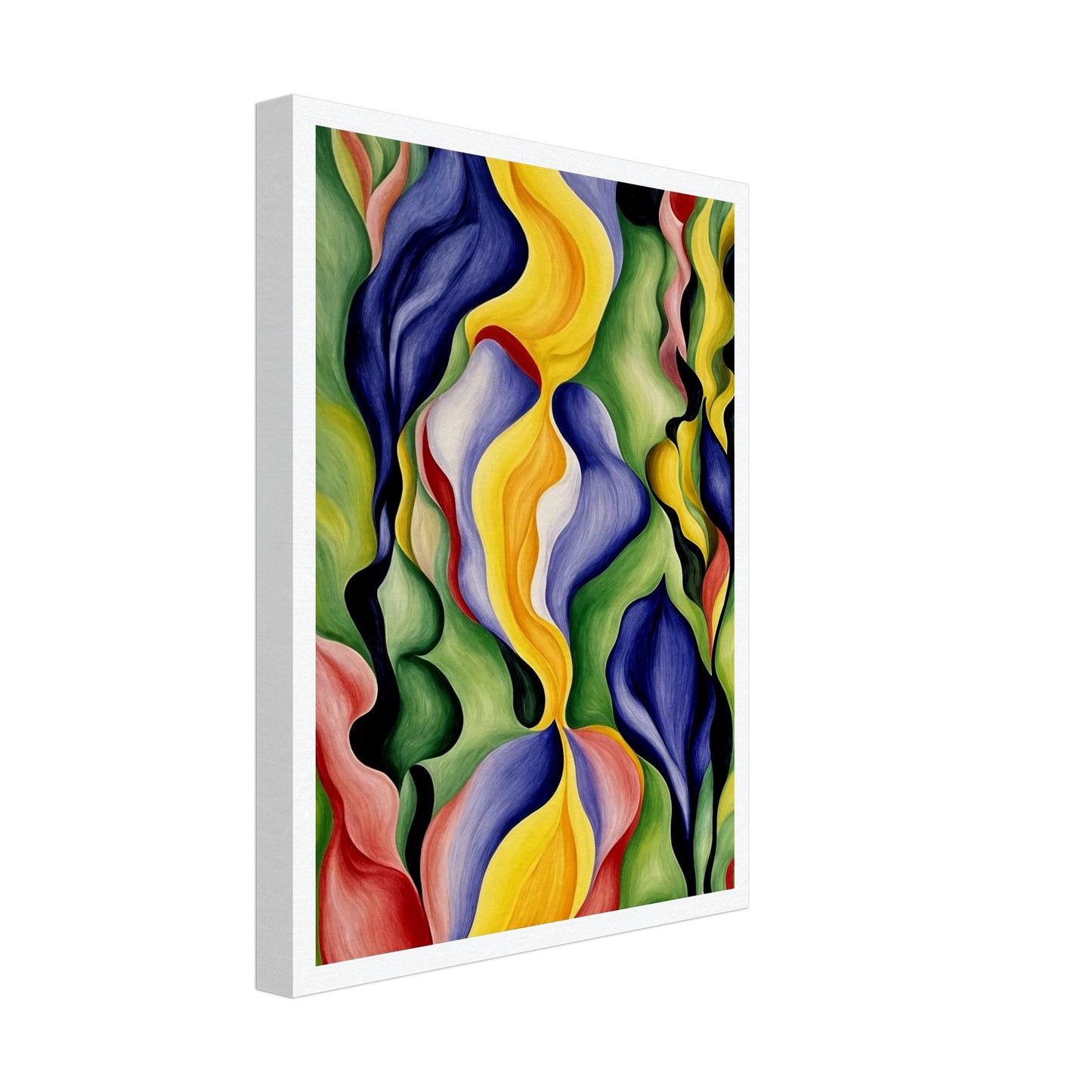 An abstract painting with vibrant, flowing shapes in hues of yellow, blue, green, and red, creating a dynamic and lively composition.