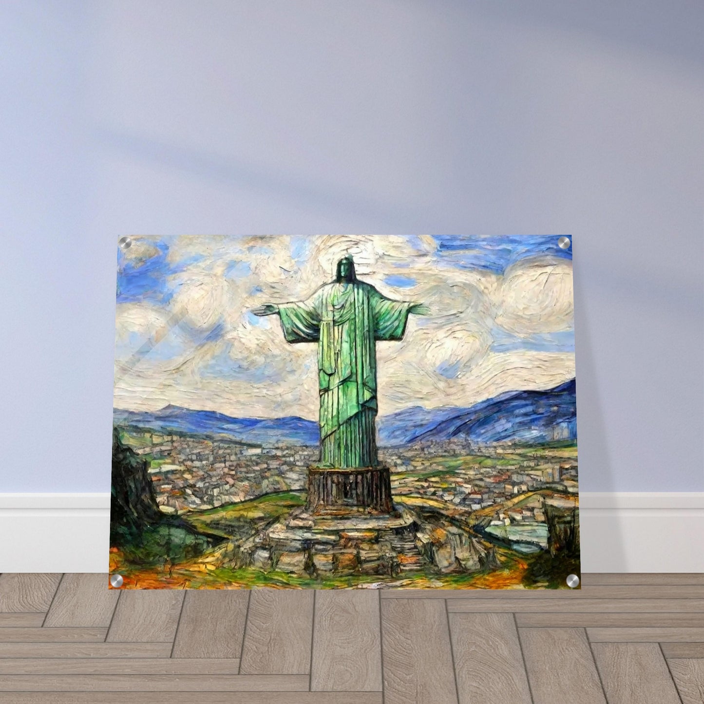 "A majestic painting of the Christ the Redeemer statue standing tall over the city of Rio de Janeiro, with vibrant skies and mountain ranges in the background."