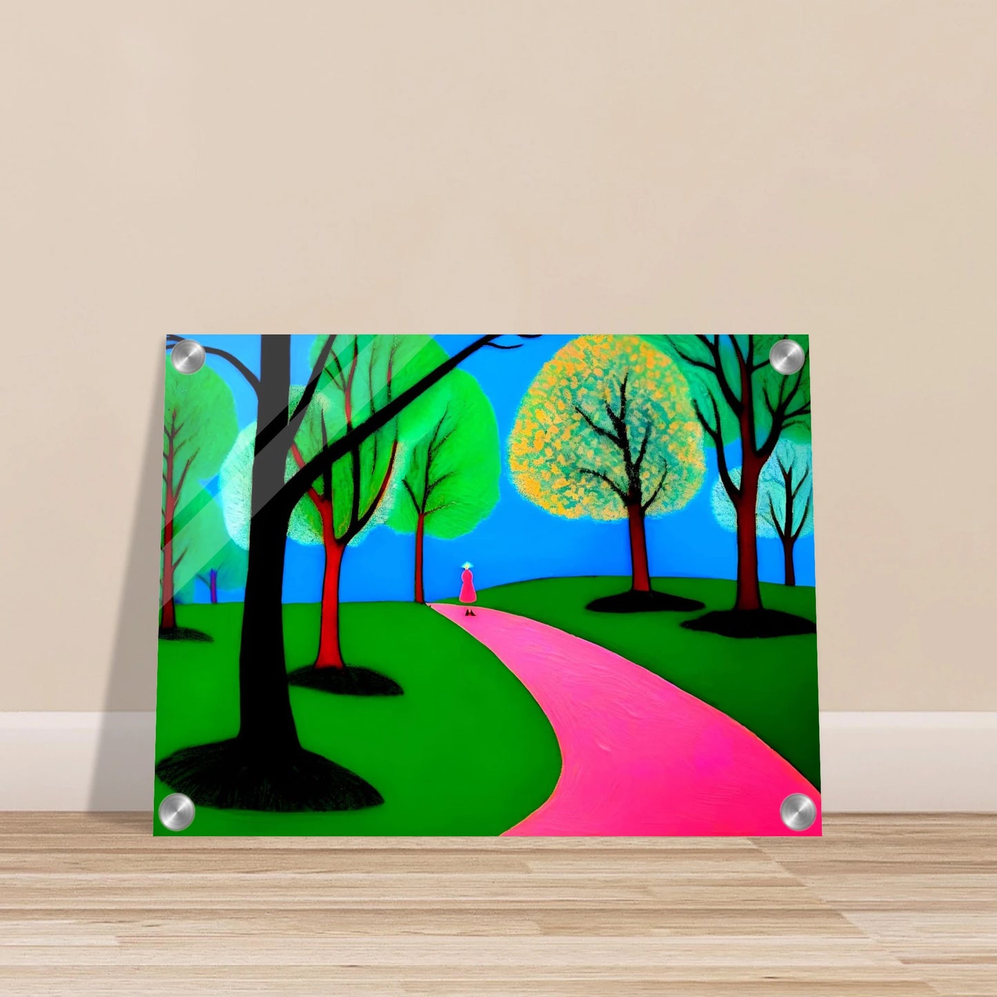 Minimalist landscape with neon green trees, blue sky, and a lone woman walking along a winding bright pink path.