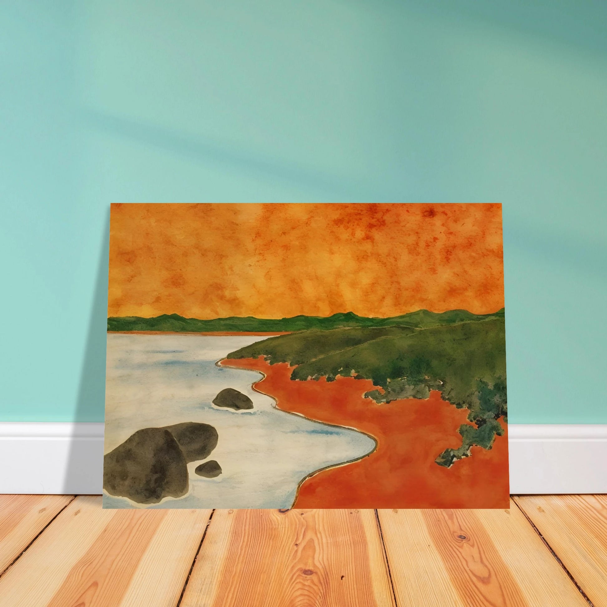A vivid coastal scene with fiery orange skies, green hills, and calm shoreline waters meeting a winding red shoreline.