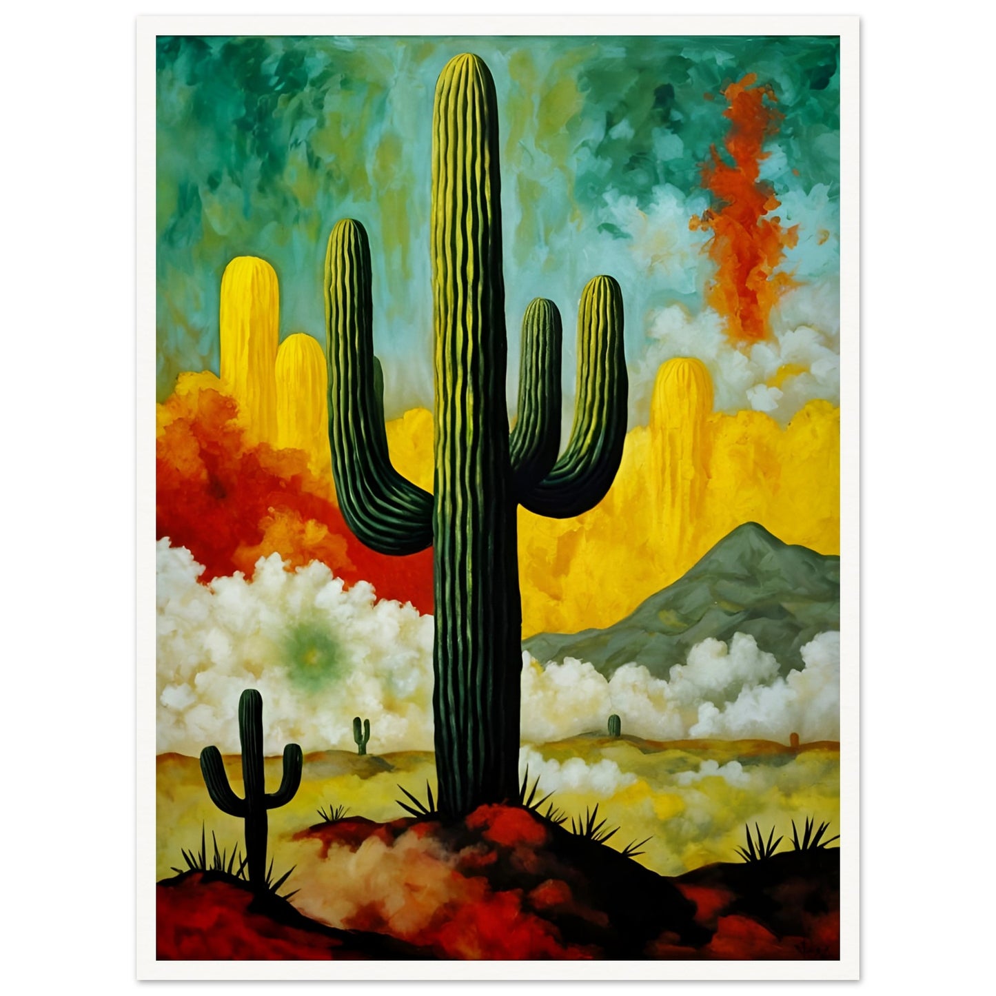 A striking painting of towering cacti set against a vivid desert sky, with swirling clouds, golden hues, and a distant mountain.
