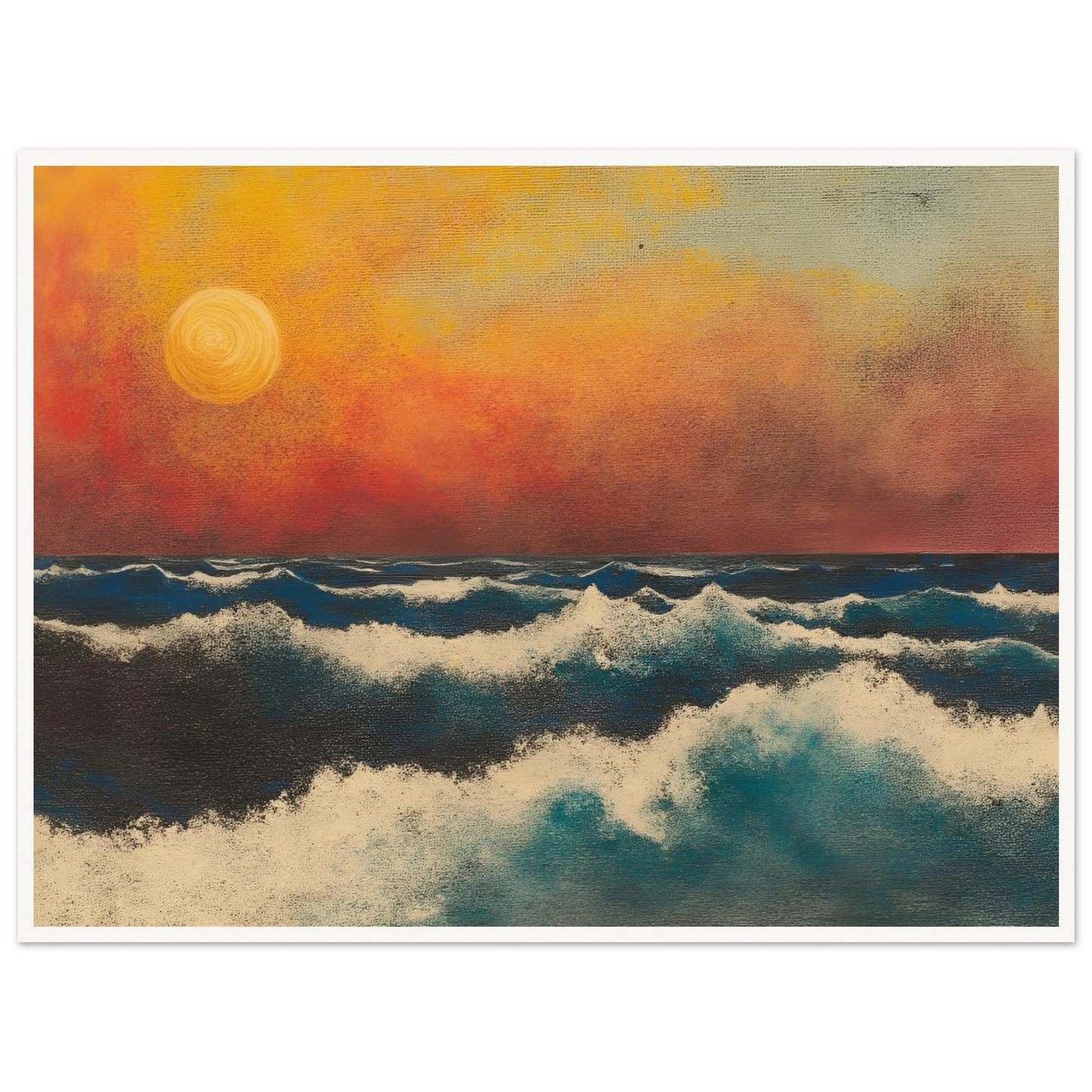 Crashing ocean waves beneath a fiery orange sunset sky, with textured swirls and foam breaking across deep blue water.