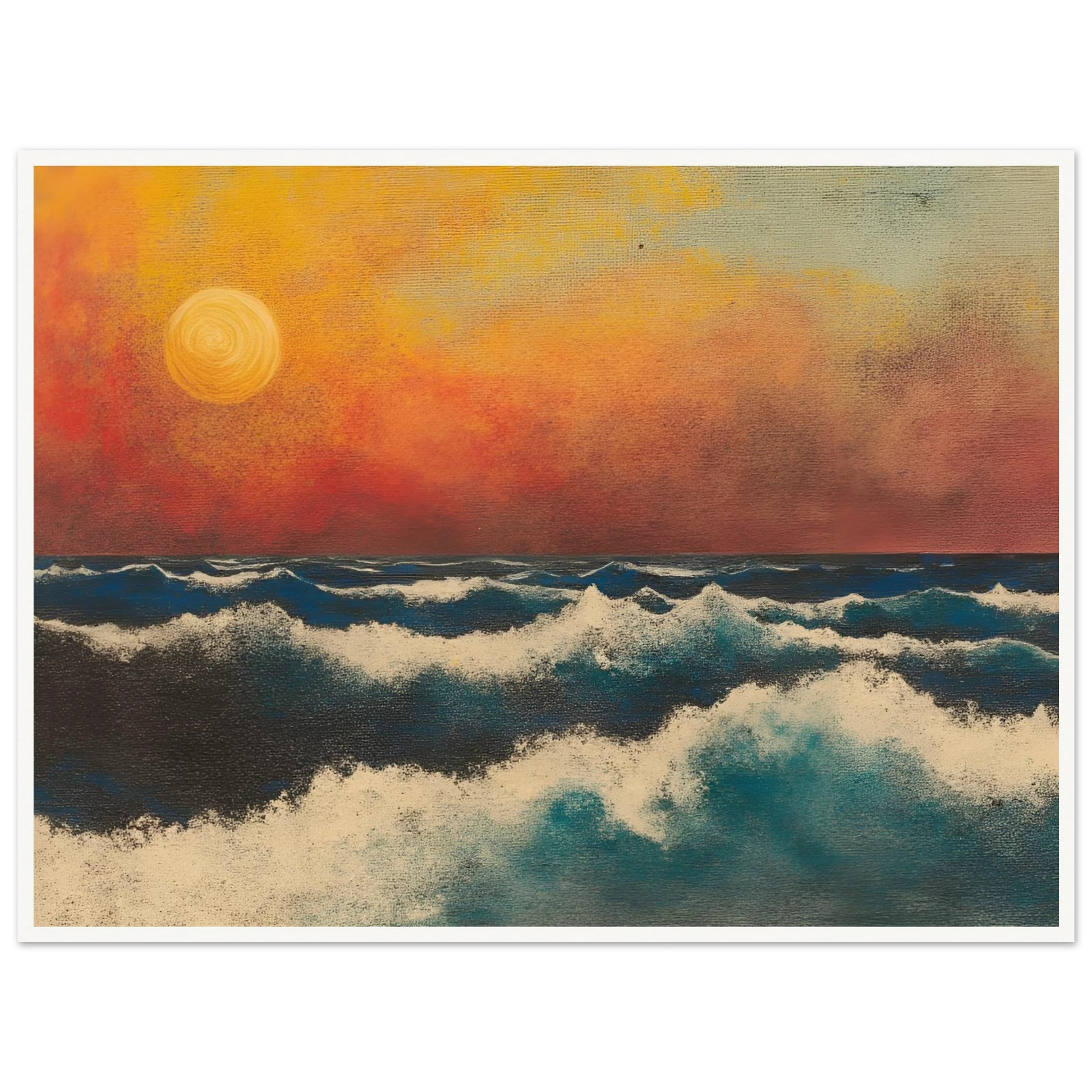 Crashing ocean waves beneath a fiery orange sunset sky, with textured swirls and foam breaking across deep blue water.
