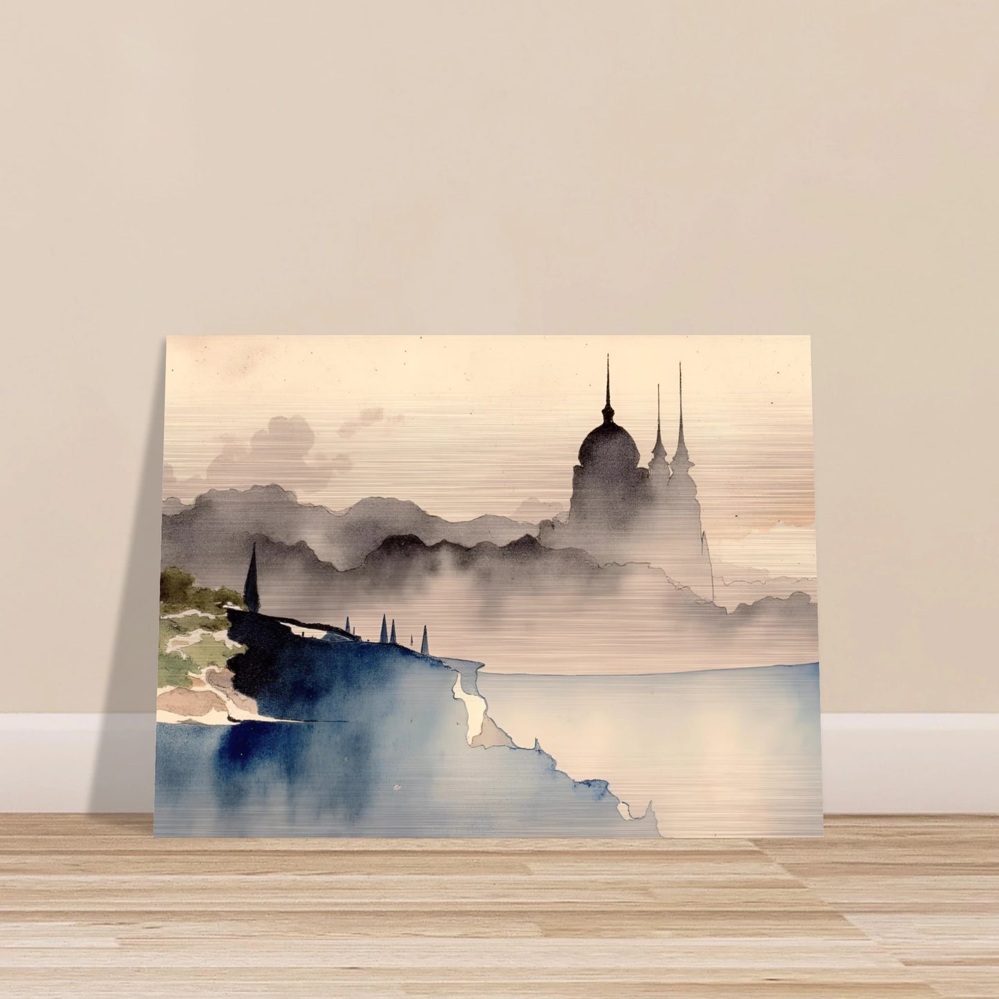 Dreamlike palace silhouette rising from misty hills and cliffs, with watercolor tones evoking mystery and distant lands.
