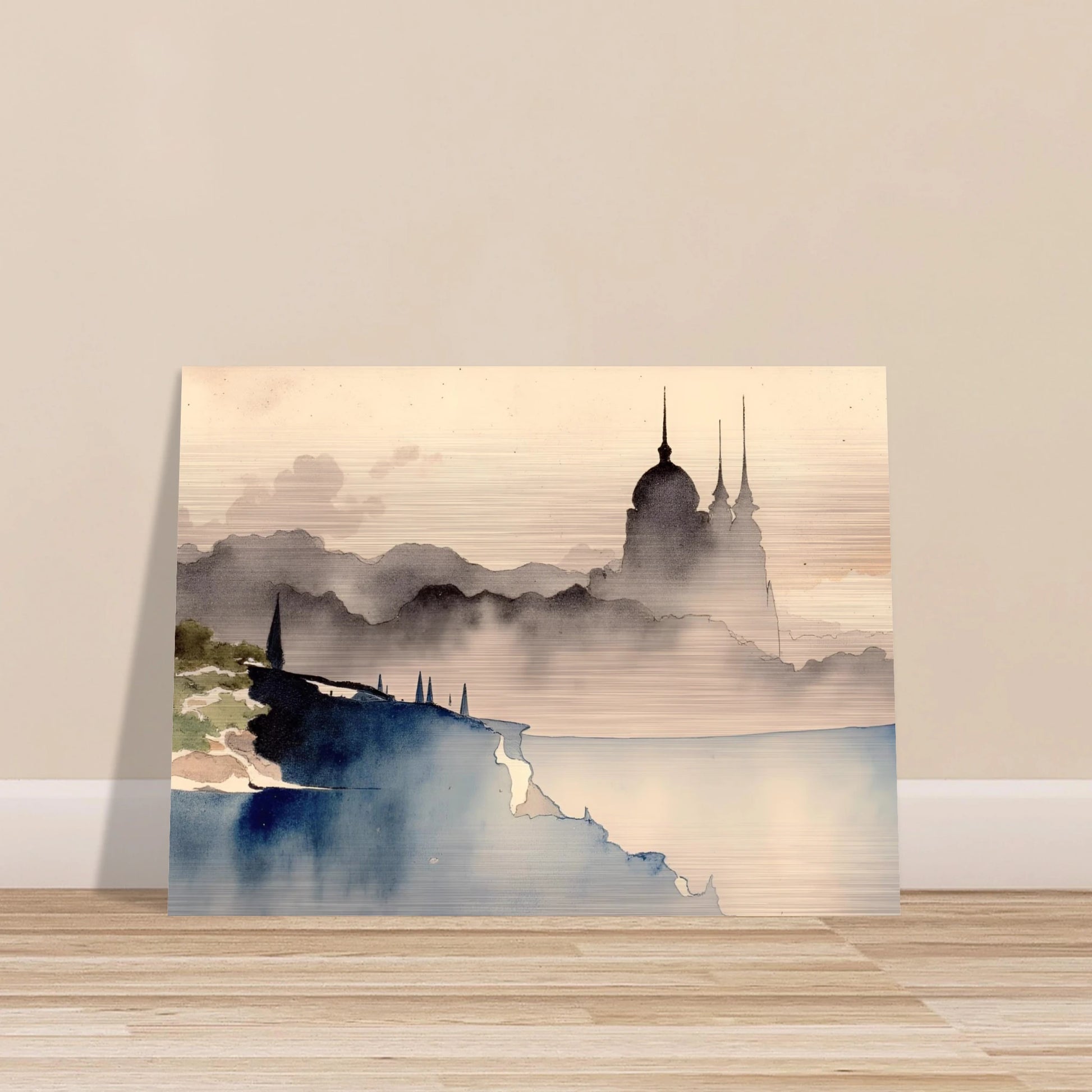 Dreamlike palace silhouette rising from misty hills and cliffs, with watercolor tones evoking mystery and distant lands.