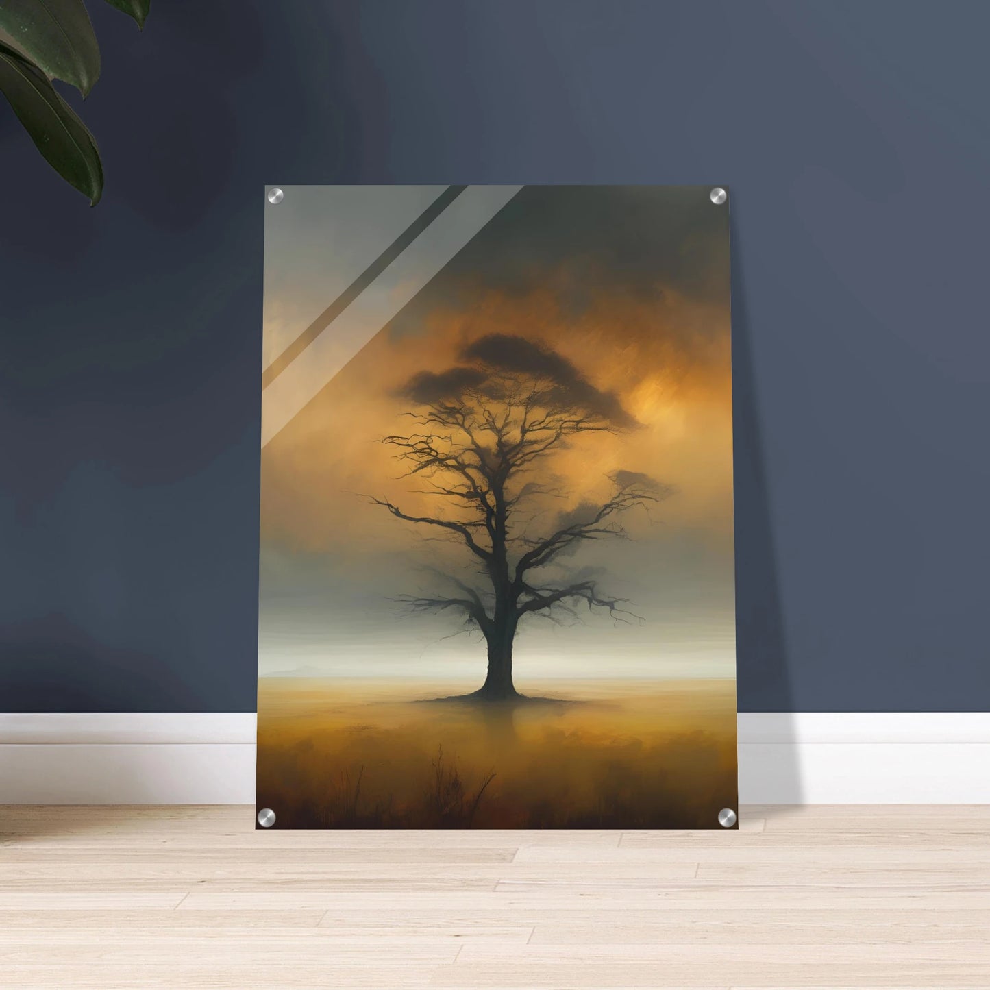 A solitary tree with bare branches stands in a foggy golden field, framed by a smoky, glowing twilight sky.